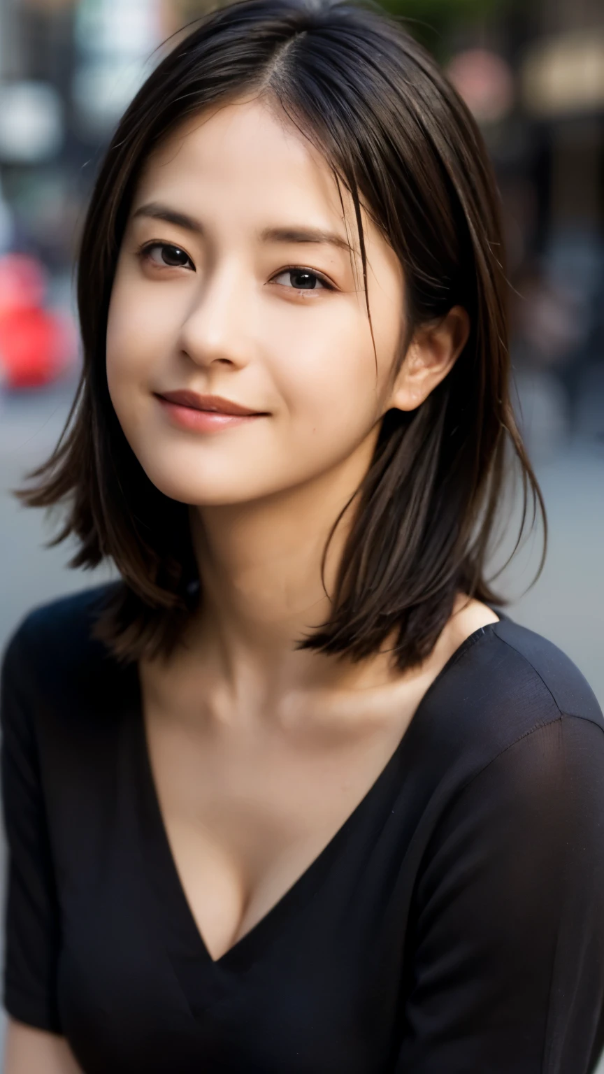 (masterpiece:1.2), super detailed, ultra high resolution, (realistic, photo realistic:1.37), High-definition RAW color photos, professional photos, dramatic lighting, sharp focus:1.2, (Highly detailed face and skin texture, very fine eyes, shiny skin, glowing skin, glowing skin, shining face, luster, oily skin, oily face, oily skin, oily face, Strong gloss), perfect anatomy, highly detailed background, 1 female, 30 year old woman, Japanese woman, (bob hair, brown hair), (scrawny:weight1.0), (middle chest:1.3), sharp focus:1.2, (white collared shirt、black pencil skirt), city street:1.2, standing, smile、looking at the viewer