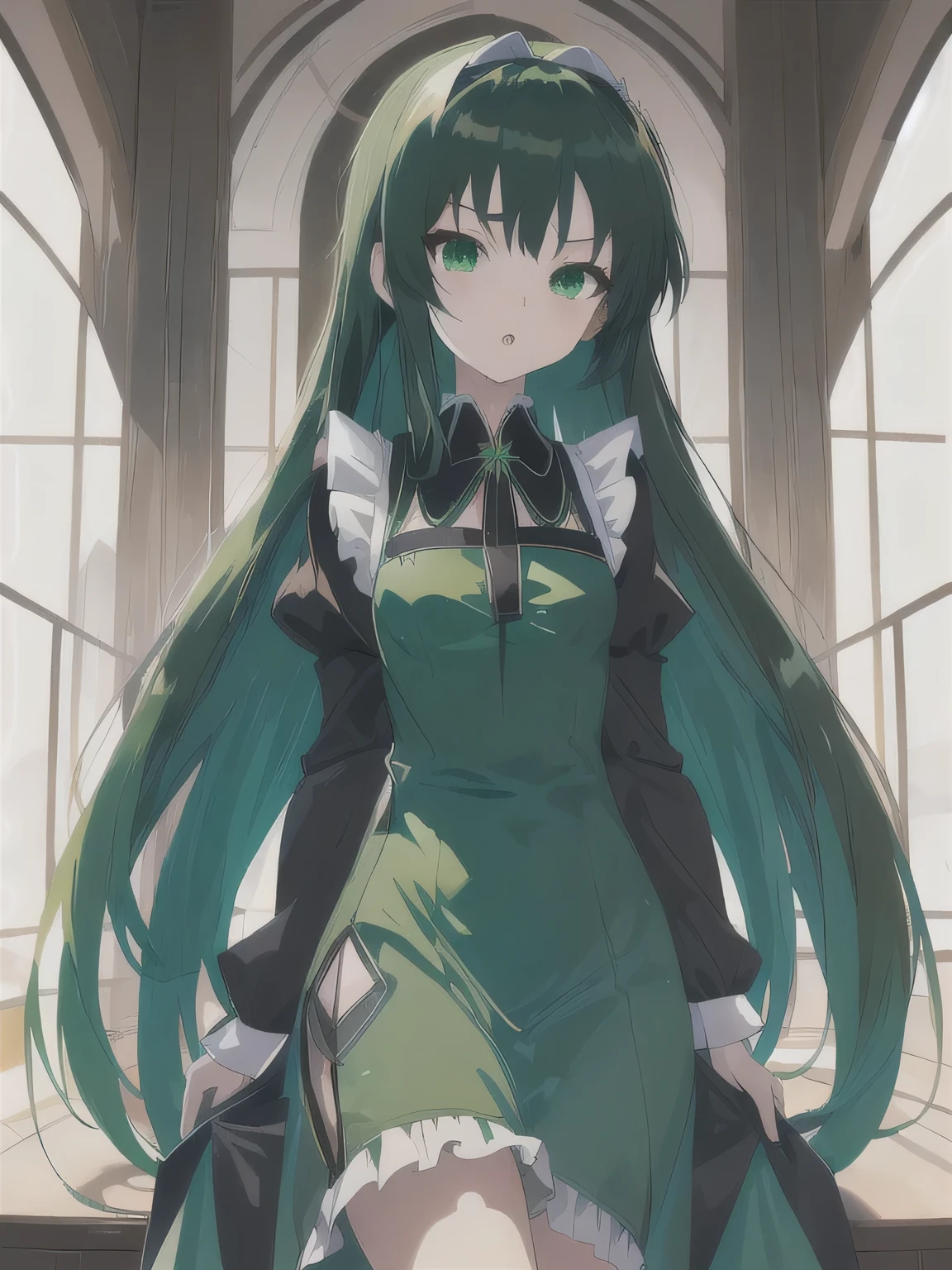 upper part of body,, masterpiece, best quality,anime girl,long hair,Stand sideways,green eyes,Blue and black dress, zero art, splash ink art anime loli,