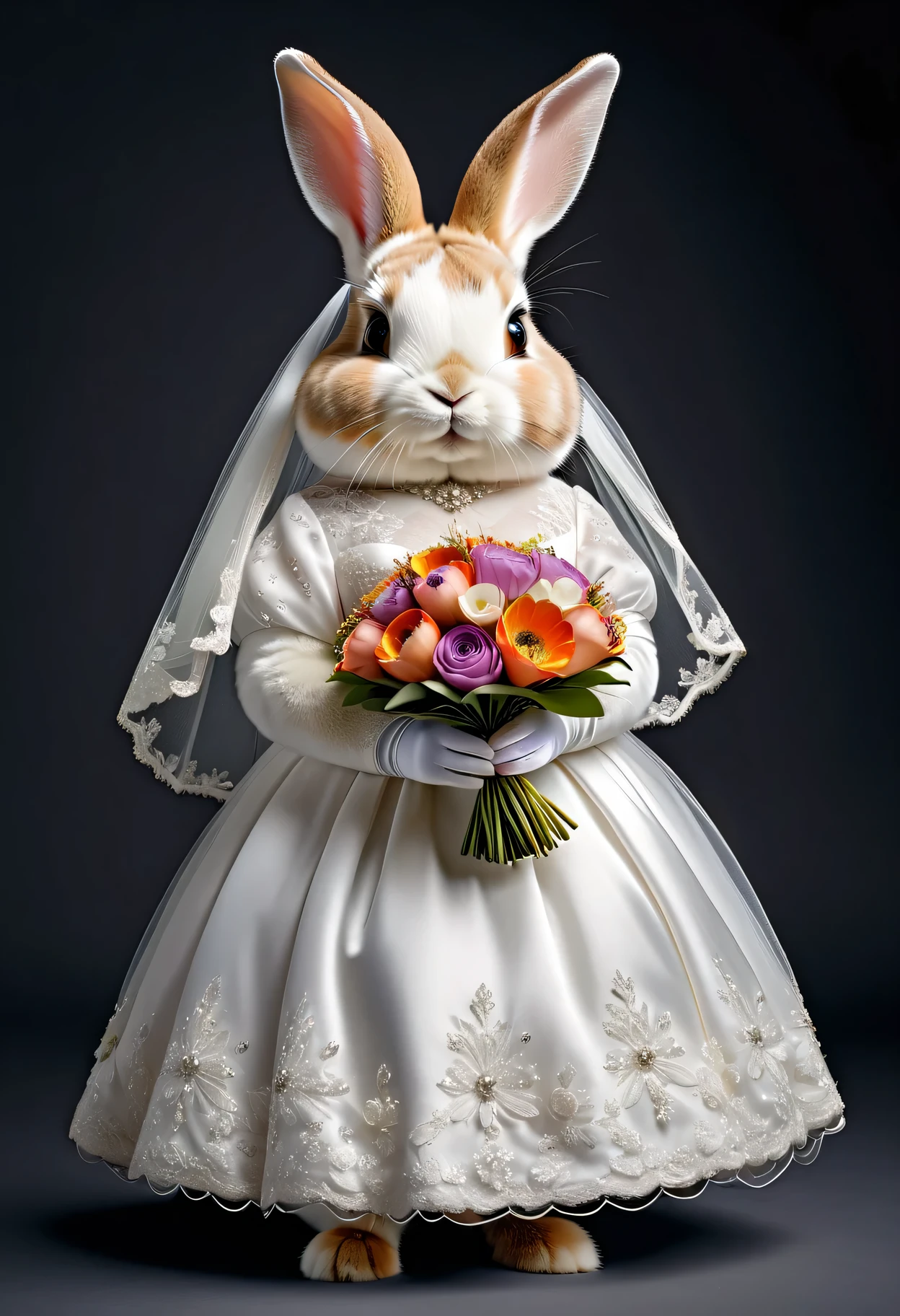 photorealistic portrait of Dressed animals - a ((fat)) cute rabbit,(elegant pose:1.2 ),(furry),(looking to the side:1.5), high quality,(lovely) ,intricate details, highly detailed (( wedding dress)) ,wearing highly detailed veil, wearing opera gloves, highly detailed decorations ,holding flower bouquet, (happy), studio lighting,(full body image:1.5)