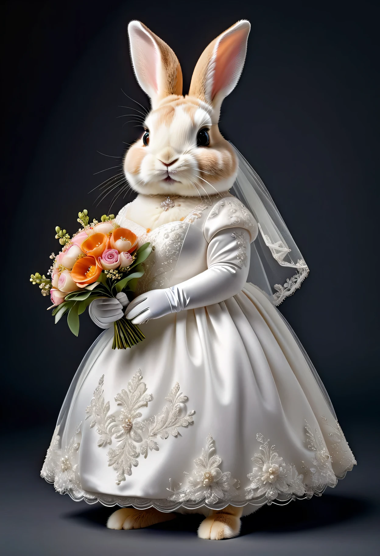 photorealistic portrait of Dressed animals - a ((fat)) cute rabbit,(elegant pose:1.2 ),(furry),(looking to the side:2.0), high quality,(lovely) ,intricate details, highly detailed (( wedding dress)) ,wearing highly detailed veil, wearing opera gloves, highly detailed decorations ,holding flower bouquet, (happy), studio lighting,(full body image:1.5)