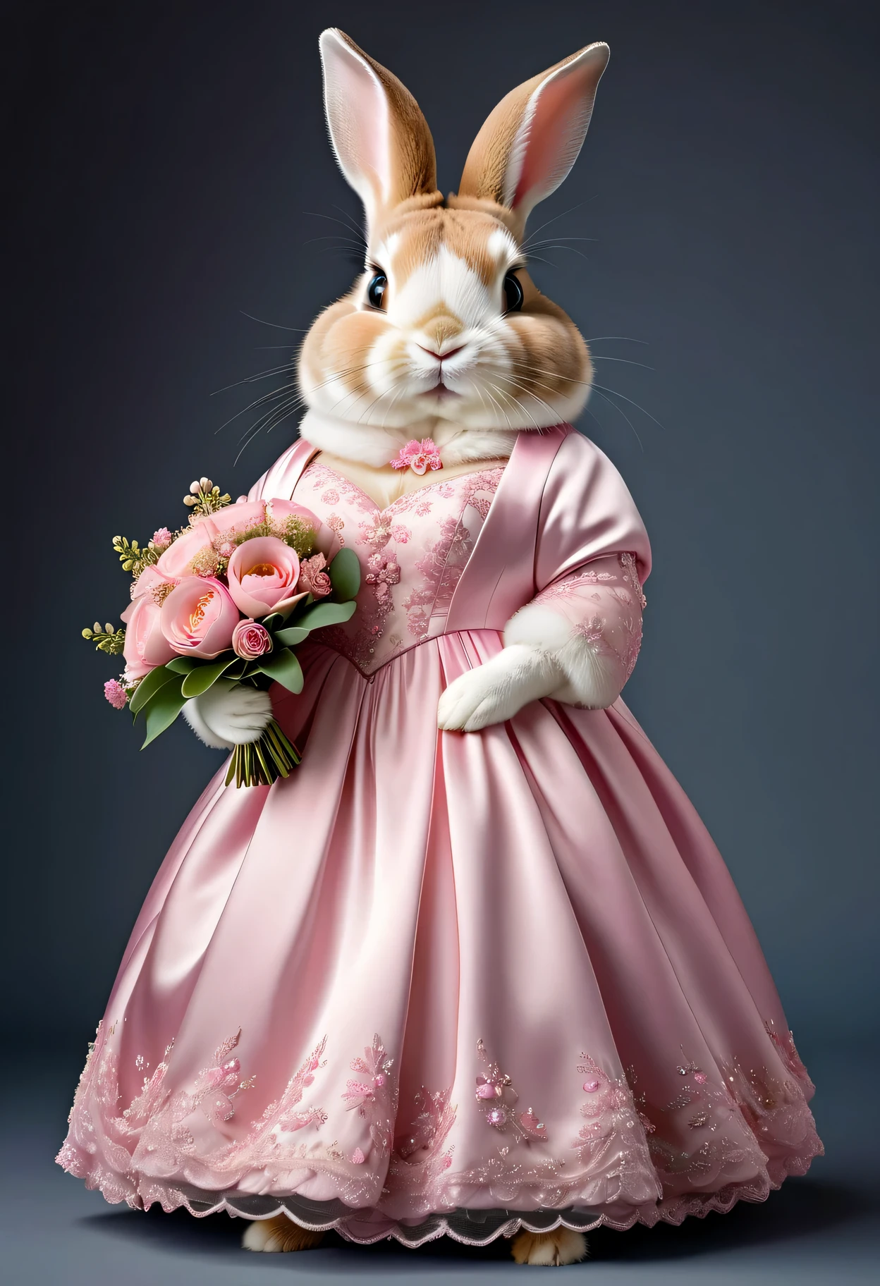 photorealistic portrait of Dressed animals - a ((fat)) cute rabbit,(elegant pose:1.2 ),(furry),(looking to the side:1.5), high quality,(lovely) ,intricate details, highly detailed (( pink wedding dress)) ,wearing highly detailed veil, wearing opera gloves, highly detailed decorations ,holding flower bouquet, (happy), studio lighting,(full body image:1.5)