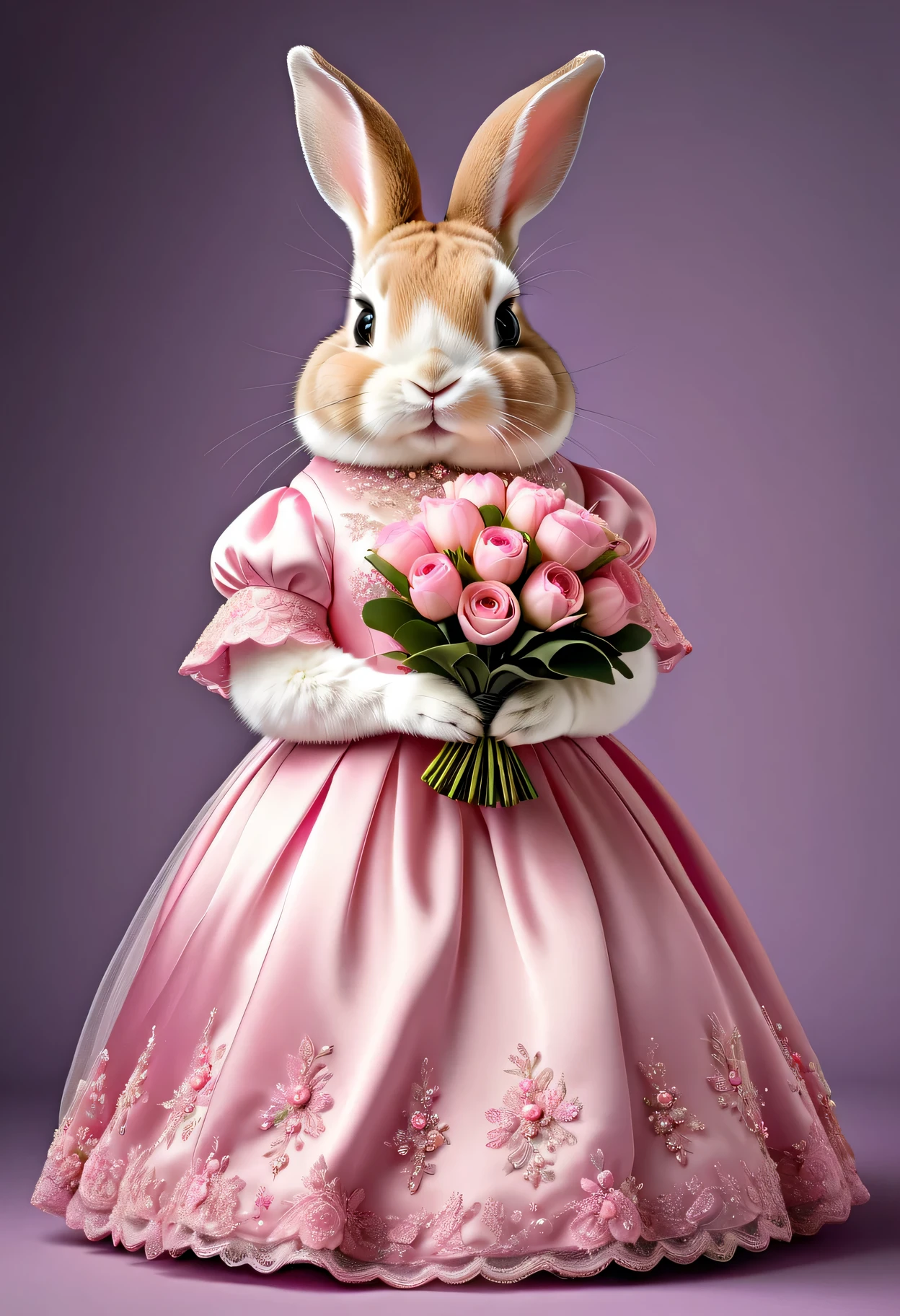 photorealistic portrait of Dressed animals - a ((fat)) cute rabbit,(elegant pose:1.2 ),(furry),(looking to the side:2.0), high quality,(lovely) ,intricate details, highly detailed (( pink wedding dress)) ,wearing highly detailed veil, wearing opera gloves, highly detailed decorations ,holding flower bouquet, (happy), studio lighting,(full body image:1.5)