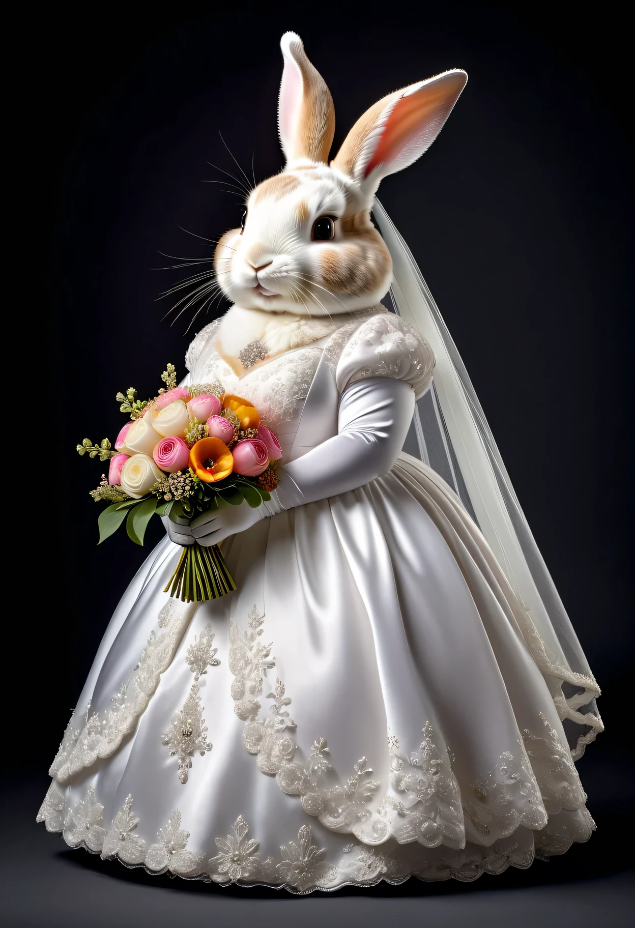 photorealistic portrait of Dressed animals - a ((fat)) rabbit,(elegant pose:1.2 ),(furry),(), high quality,(lovely) ,intricate details, highly detailed (( wedding dress)) ,wearing highly detailed veil, wearing opera gloves, highly detailed decorations ,holding flower bouquet, (happy), studio lighting,(full body image:1.5)