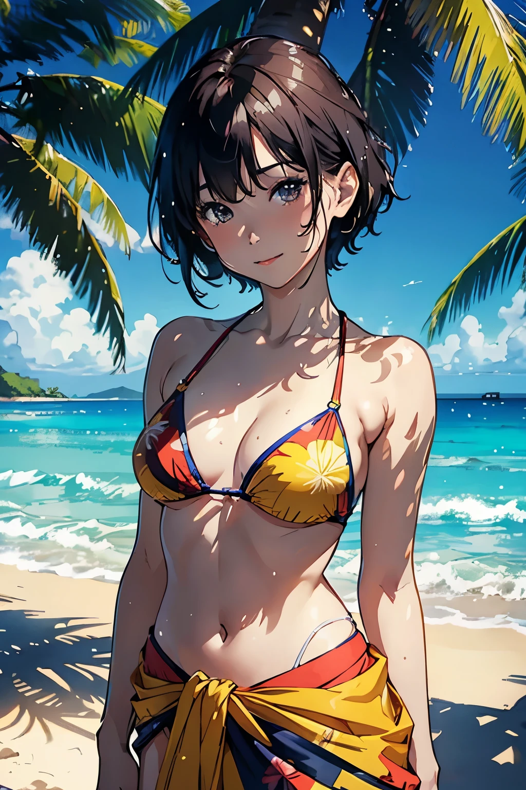 ((highest quality, masterpiece, High resolution))、beautiful japanese woman、((anime art))、(((two beautiful women)))、(Nakayoshi)、cute face、medium short hair、 ((Detailed depiction of a beautiful face))、smile gently、young、bikini swimwear、 smaller breasts、slim body shape、photorealistic perfect body、(A pareo skirt with bold ethnic patterns and plenty of primary colors on the waist..)、realistic skin、Wet、whole body、cinematic light、tropical、Against the background of palm trees、on a sunny beach、With the sea in the background、blur background、
