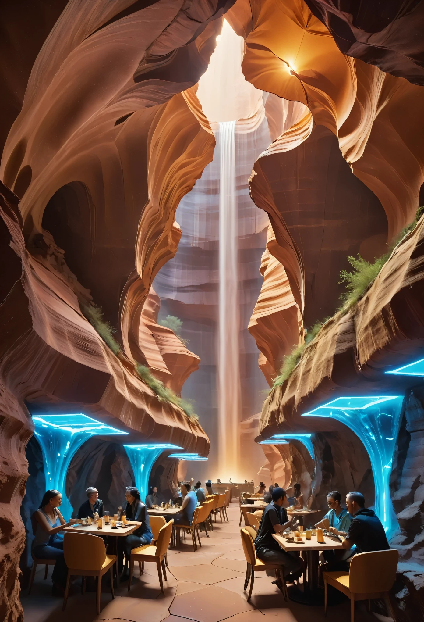 Underground  cave cafe in antelope canyon, people eating in front table, dim lights in cafe, neon blue dim lights, capture beautiful  terrain of antelope  canyon, friends with shopping bags, eating inside of lobby antelope canyon like cafe of ((Masterpiece))underground cave city, gray rocky surface which is covered with a thick layer of dust, futuristic sci-fi masterpiece, cybernetic residential beehive pod architecture designs carved inside of grand canyon caves, luxury cafe, realistic ,intricate, detailed ,modern, neo cave centric design,rocks,blue fountain, waterfalls,desert caves, organic futurism, indigenous futurism,futuristic vision, architecture styles of Rem Koolhaas,Daniel Libeskind, Jean Nouvel, Paolo Soleri, upstairs, balconies, futuristic facades, trending on art station, beautiful lighting,masterpiece, fantasy, intricate, award winning, 4k, highest quality render model:Real , heart shaped architecture ((masterpiece)),((best quality)),((high detail)),((realistic,)) Futurist era city, architectural streets, bazaars, cyberpunk, buildings, night, neon, summer, hot desert，Magnificent space image scene heavenly body 8K，super-fine, rocky walls. friends in blue eating in cafe. cafe bustling with people. people sitting in cafe.