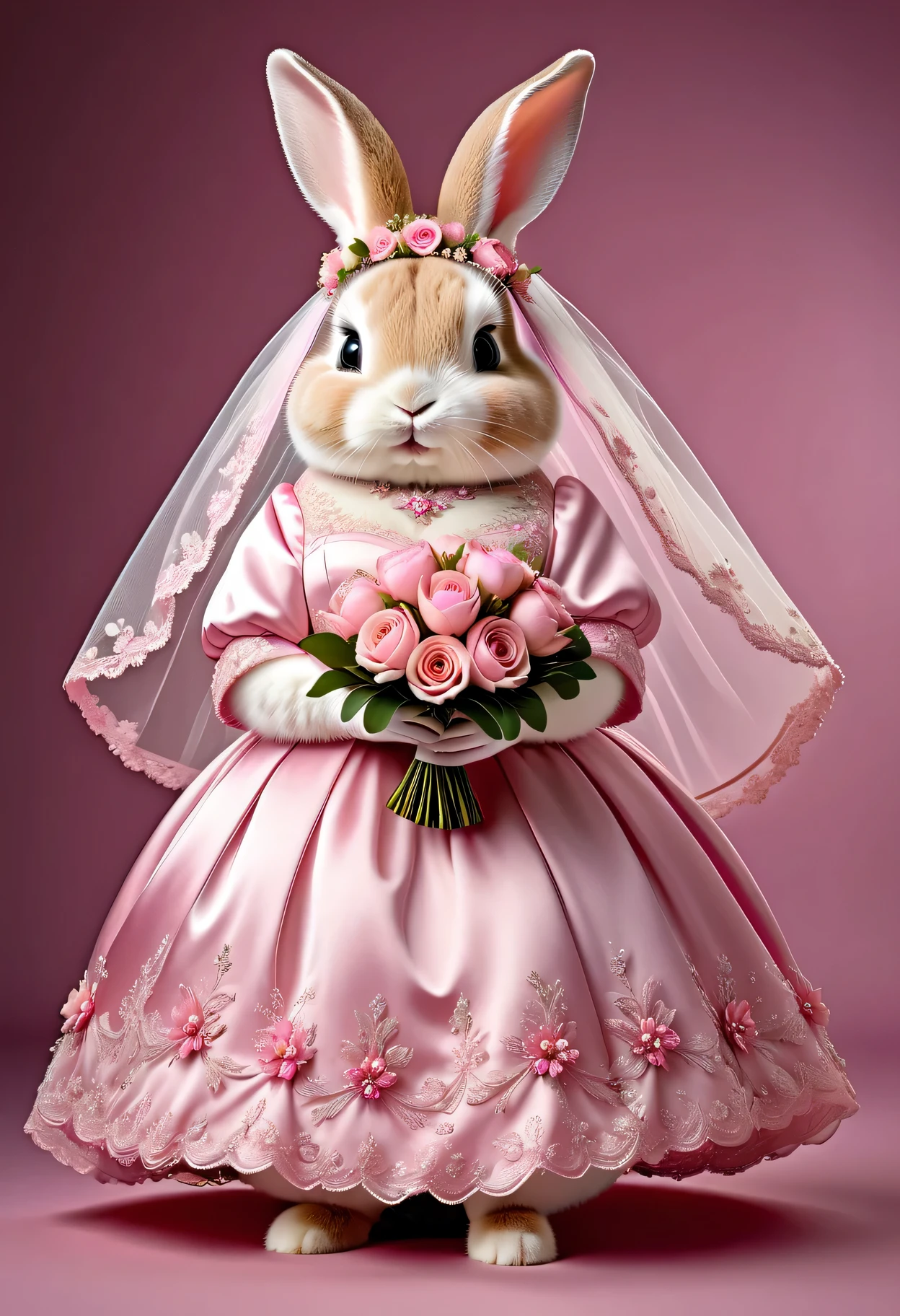 photorealistic portrait of Dressed animals - a ((fat)) cute rabbit,(elegant pose:1.2 ),(furry),(), high quality,(lovely) ,intricate details, highly detailed (( pink wedding dress)) ,((wearing highly detailed veil)), wearing opera gloves, highly detailed decorations ,holding flower bouquet, (happy), studio lighting,(full body image:1.5)