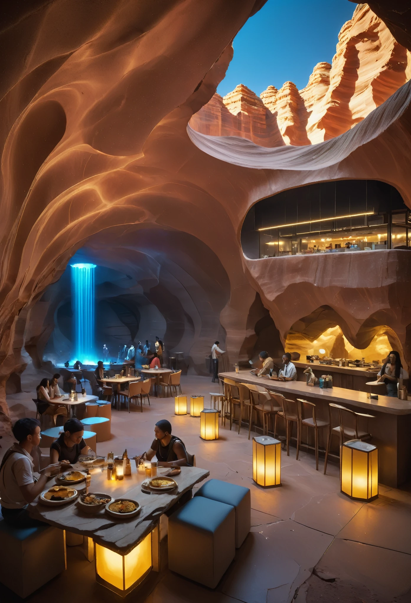 Underground  cave cafe in antelope canyon, people eating in front table, dim lights in cafe, neon blue dim lights, capture beautiful  terrain of antelope  canyon, friends with shopping bags, eating inside of lobby antelope canyon like cafe of ((Masterpiece))underground cave city, gray rocky surface which is covered with a thick layer of dust, futuristic sci-fi masterpiece, cybernetic residential beehive pod architecture designs carved inside of grand canyon caves, luxury cafe, realistic ,intricate, detailed ,modern, neo cave centric design,rocks,blue fountain, waterfalls,desert caves, organic futurism, indigenous futurism,futuristic vision, architecture styles of Rem Koolhaas,Daniel Libeskind, Jean Nouvel, Paolo Soleri, upstairs, balconies, futuristic facades, trending on art station, beautiful lighting,masterpiece, fantasy, intricate, award winning, 4k, highest quality render model:Real , heart shaped architecture ((masterpiece)),((best quality)),((high detail)),((realistic,)) Futurist era city, architectural streets, bazaars, cyberpunk, buildings, night, neon, summer, hot desert，Magnificent space image scene heavenly body 8K，super-fine, rocky walls. friends in blue eating in cafe. cafe bustling with people. people sitting in cafe.