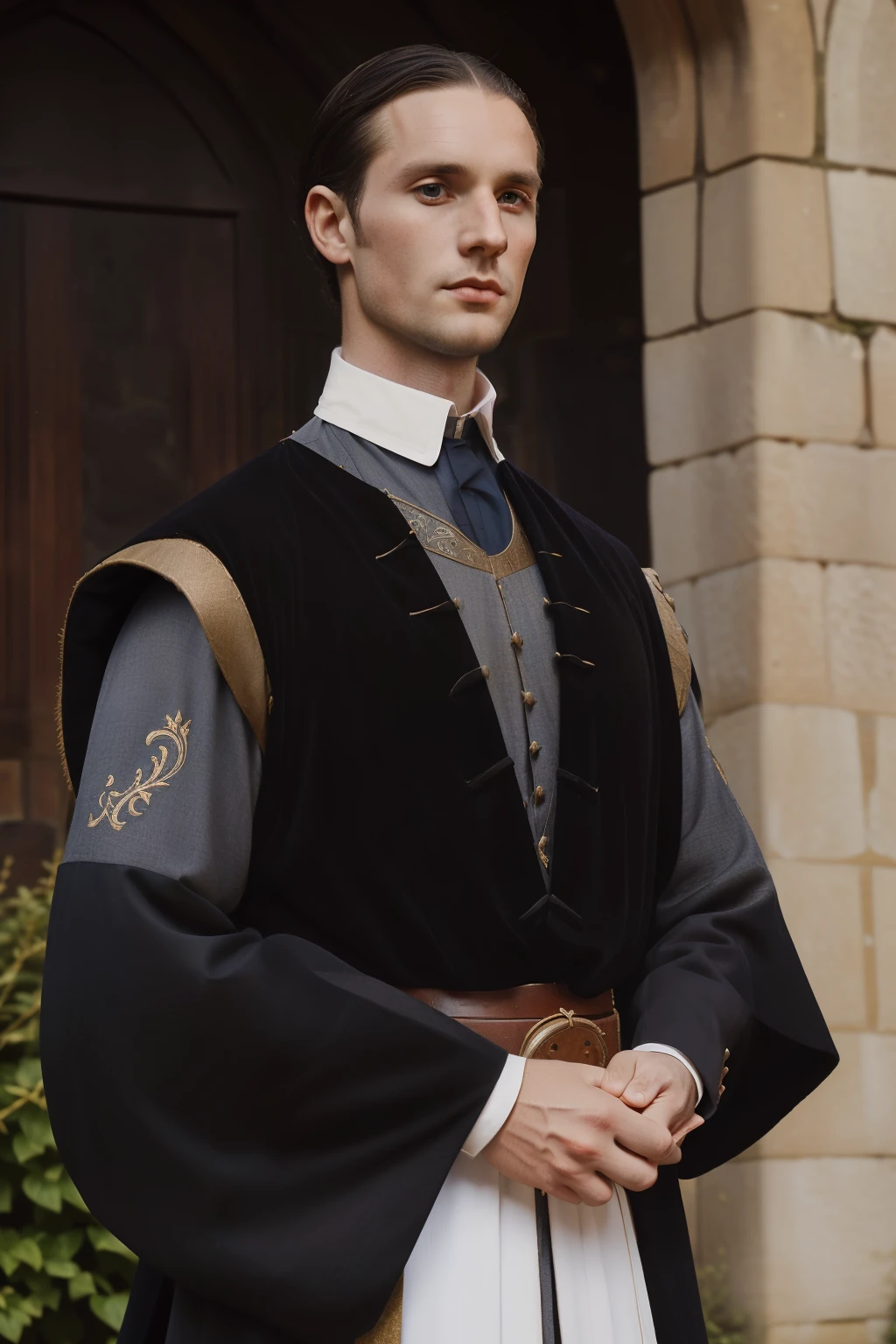 England, 1349. A young ((((32-year-old)) Ralph Fitzgerald)), intense eyes, ambitious, tall, athletic, in front of a castle, ((satisfied and proud expression)). ((((elegant clothings from the 1340s)))), ((dark hairstyle of the 1340s))