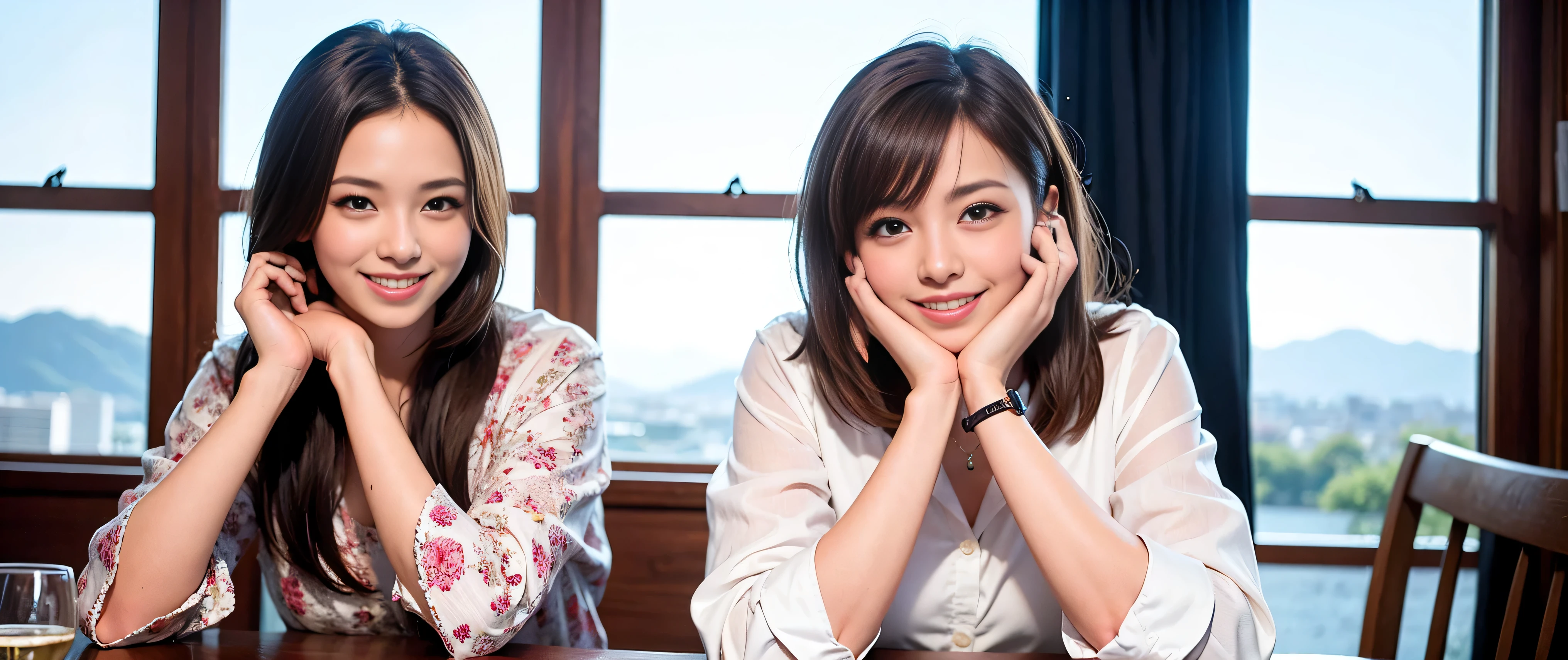 K, Hmm, highest quality, masterpiece: 1.2), (realistic, photorealistic: 1.37), Spectacular view of the sunset sky and clouds、Fumino Kimura、Amazing mountain views、A bright smile、3 slim beauties, (slim face),Happy、 the best smile、Fox face、Berry Short、(because I&#39;thin), (brown hair), (shortcut), long sleeve shirt、winter fashion、Japanese、Dutch、German、Portuguese、Belgian、Italian、French,Champagne、sparKling wine、 (gush out), (slim body), (brown hair), (shortcut), neat beauty、cheeKs turn a little red, (35 years old), 38 years old, alone, A beautiful and detailed night view spreads out outside the window...., restaurant, wine glass is sitting, At night, in a prominent place (from the Upper body) nova frog style, actress, model, Upper body, White wine, slim, wine glass, Very beautiful night view, wine glass Put in the Middle, Happy smile, (smile: 1.15), 