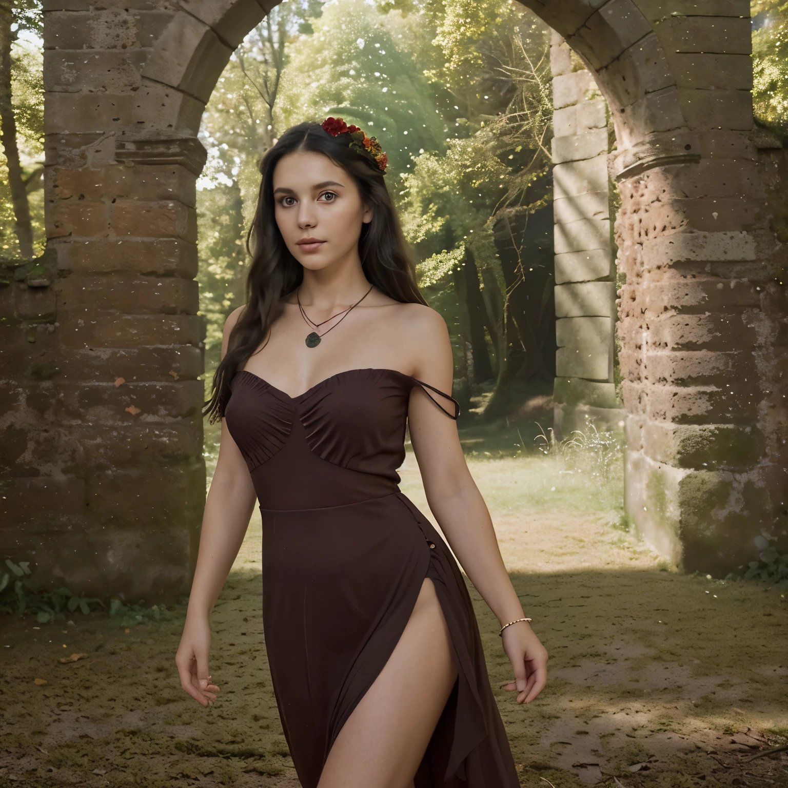 A young and beautiful brunette, 30 years old
	•	Shoulder-length black hair
	•	The girl looking straight into the camera
	•	A red dress, slightly below the hips
	•	Sunset shoot with a forest and castle ruins in the background
	•	Professional photographer
	•	Beautiful Valencia landscape
	•	Natural accessories like bracelets or necklaces with elements from nature
	•	Airy floral hair accessories
	•	Wide-format image with superb quality and realism
	•	Photographed with a professional high-resolution camera to capture every detail impeccably.
