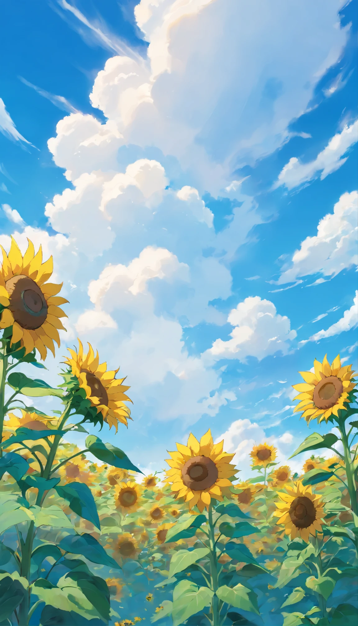 summer,noon,((Blue sky and white clouds)), Looking up at the sky,sunflower field,high details, high quality, super detail, UHD, masterpiece, ccurate, best quality, 16k