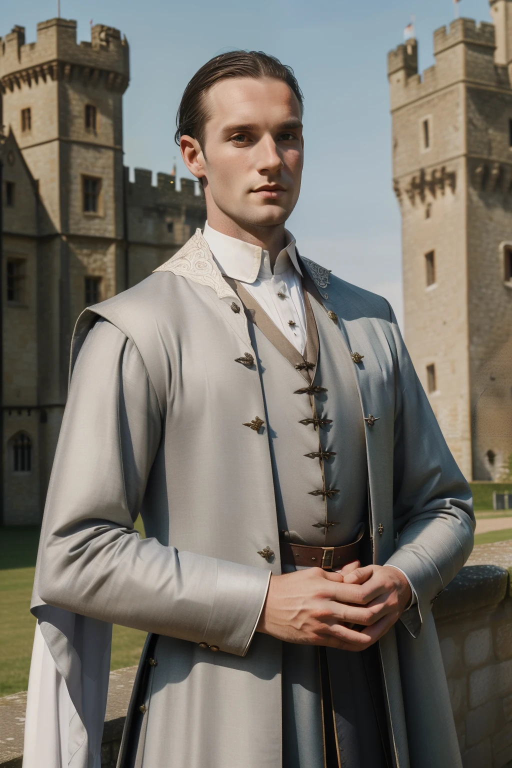 England, 1349. A young ((((32-year-old)) Ralph Fitzgerald)), intense eyes, ambitious, tall, athletic, in front of a castle, ((satisfied and proud expression)). ((((elegant clothings from the 1340s)))), ((dark hairstyle of the 1340s))