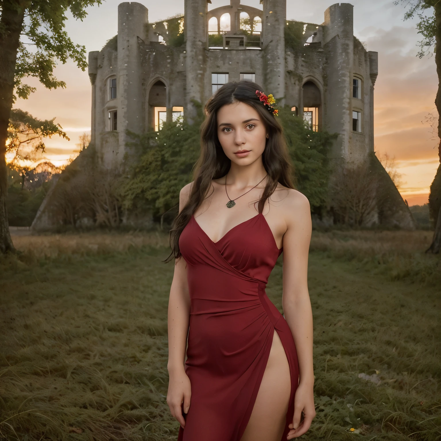 A young and beautiful brunette, 30 years old
	•	Shoulder-length black hair
	•	The girl looking straight into the camera
	•	A red dress, slightly below the hips
	•	Sunset shoot with a forest and castle ruins in the background
	•	Professional photographer
	•	Beautiful Valencia landscape
	•	Natural accessories like bracelets or necklaces with elements from nature
	•	Airy floral hair accessories
	•	Wide-format image with superb quality and realism
	•	Photographed with a professional high-resolution camera to capture every detail impeccably.
