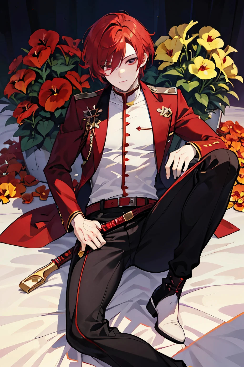 male　red hair　red eyes　pants　cutter　boots　spring　garden　flower bed　yellow pansies　masterpiece　Highest image quality　noise removal　clear parts 　cinematic shadow　Increases the attractiveness of the eyes　clear parts the shine of the eyes　draw eyelashes neatly　perfect eyes　detailed eyes　sharpen image quality　sharpen eye writing　clear parts eye shape
