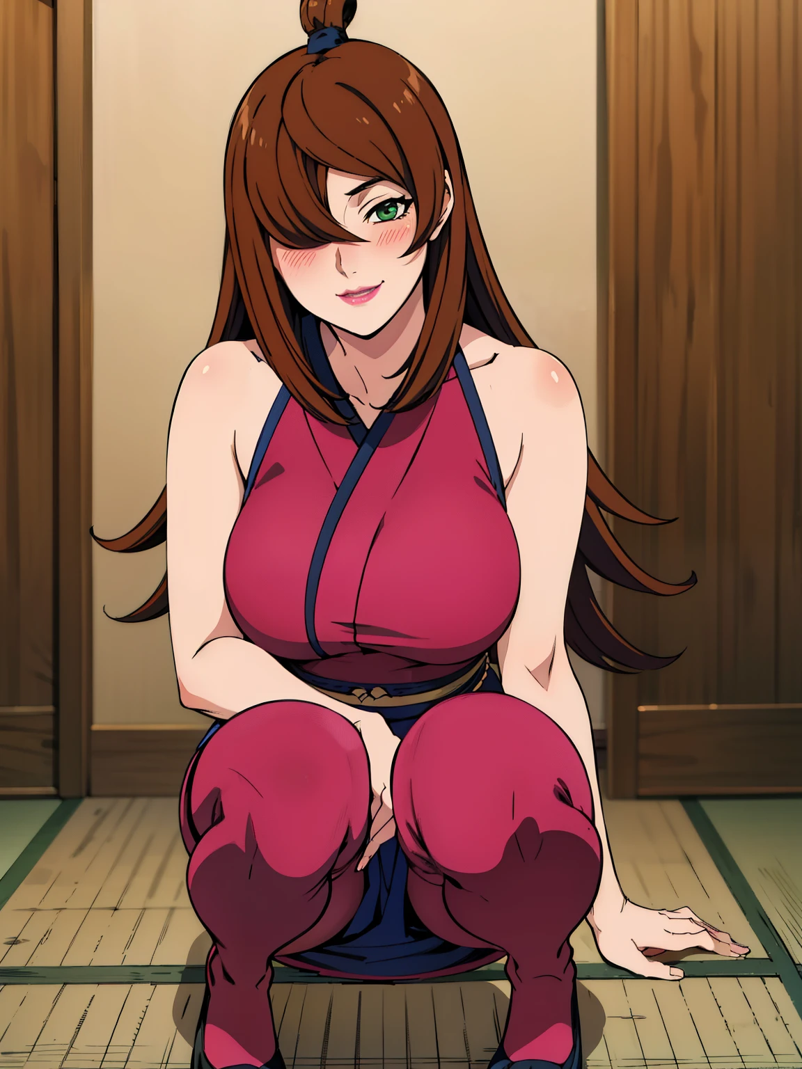 squatting on floor, (bodycon outfit), indoor japanese room, indoor japanese background, mei terumi, 25 yo, mature women, solo, takeda hiromitsu style, anime cels style, best quality, high resolution, (large breasts:1.3), cowboy shot, blush, smiling, slim body, long hair, brown hair, green eyes, ((hair over one eye)), pink lipstick