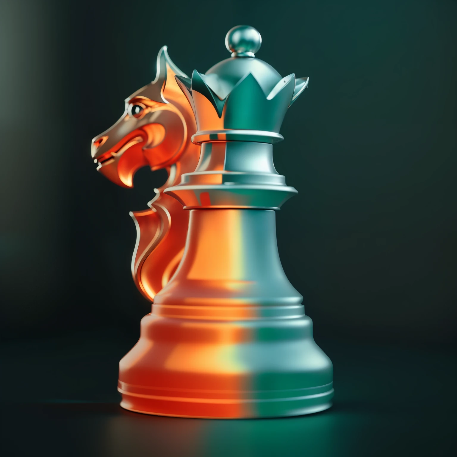 a close up of a chess board with two pieces on it (knight and queen) merging together(dynamic) , surreal chess, chess game, chess, unreal engine 4k wallpaper, cinematic 4 k wallpaper, cinematic 4k wallpaper, cinematic photograph concept art, queen chess piece photo, queen chess piece photo portrait, knight chess, dark cinematic lighting, photorealistic dark concept art, beautiful and cinematic lighting