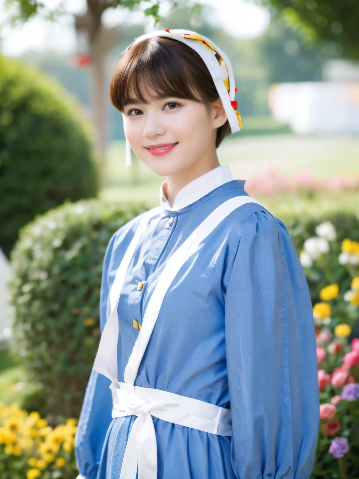 (alice in wonderland), 1, (He wears a large triangular ribbon on his head......), short hair, young woman, gentle smile, colorful clothes