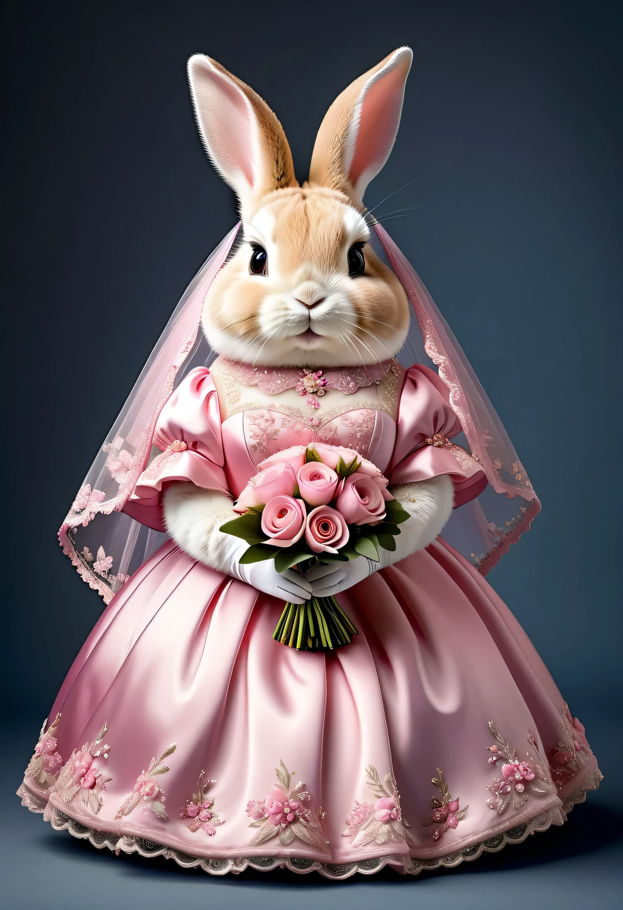 photorealistic portrait of Dressed animals - a ((fat)) cute rabbit,(elegant pose:1.5 ),(furry),(), high quality,(lovely) ,intricate details, highly detailed (( pink wedding dress)) ,((wearing highly detailed veil)), wearing opera gloves, highly detailed decorations ,holding flower bouquet, (happy), studio lighting,()