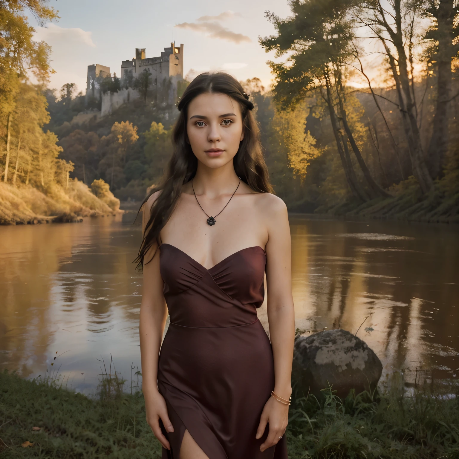 A young and beautiful brunette, 30 years old
	•	Shoulder-length black hair
	•	The girl looking straight into the camera
	•	A red dress, slightly below the hips
	•	Sunset shoot with a forest and castle ruins in the background
	•	Professional photographer
	•	Beautiful Valencia landscape
	•	Natural accessories like bracelets or necklaces with elements from nature
	•	Airy floral hair accessories
	•	Wide-format image with superb quality and realism
	•	Photographed with a professional high-resolution camera to capture every detail impeccably.
