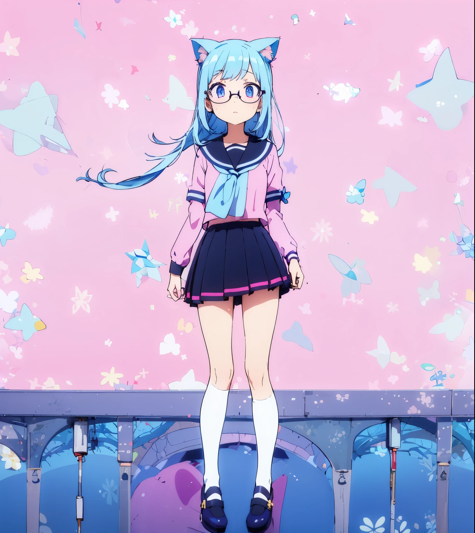  light blue hair purple eyes pink sailor blouse with black shade black skirt white stockings cat ears with glasses