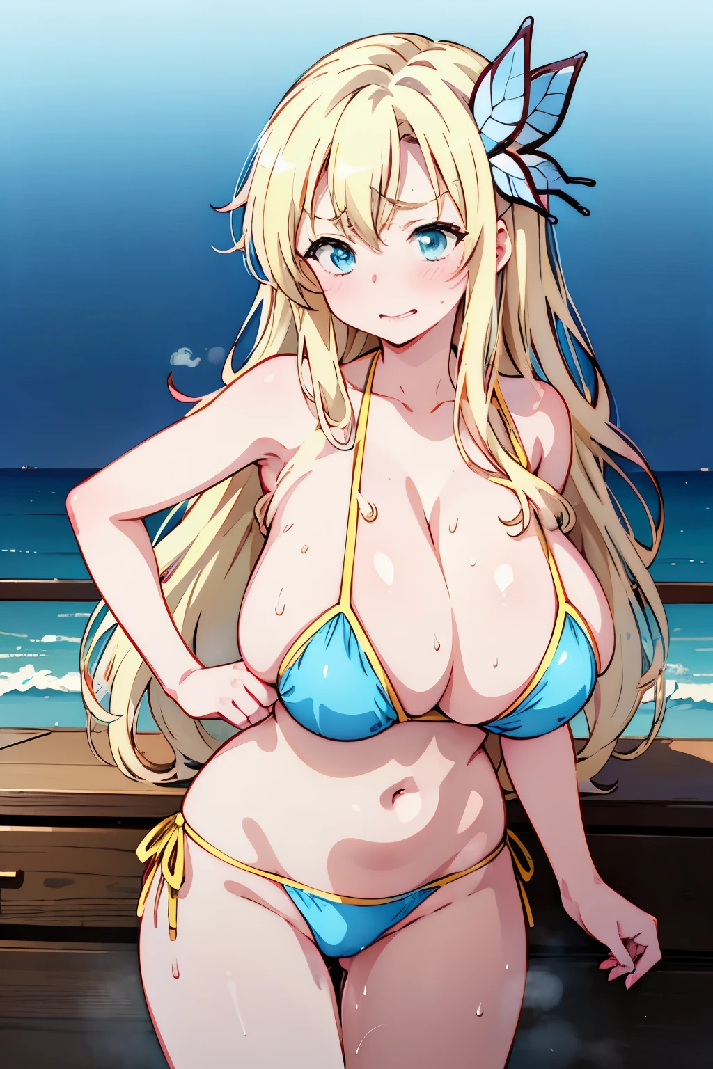 anime,anime cel style,anime style,High resolution, 1. Waman, aasena, long hair, hair ornament, blue bikini, cleavage, halterneck, (gigantic breasts:1.5),beach,(sweat,steam:1.4),leaning forward,grin,looking at viewer,breast squeeze,blush