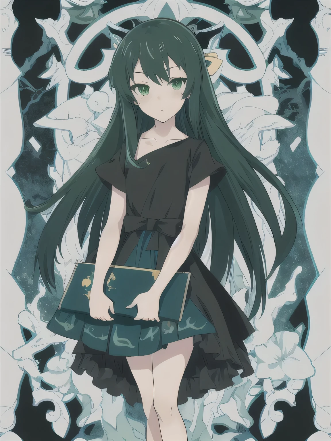 Half body,Stand sideways,,, masterpiece, best quality,anime girl,long hair,green eyes,Blue and black dress, zero art, splash ink art anime loli,