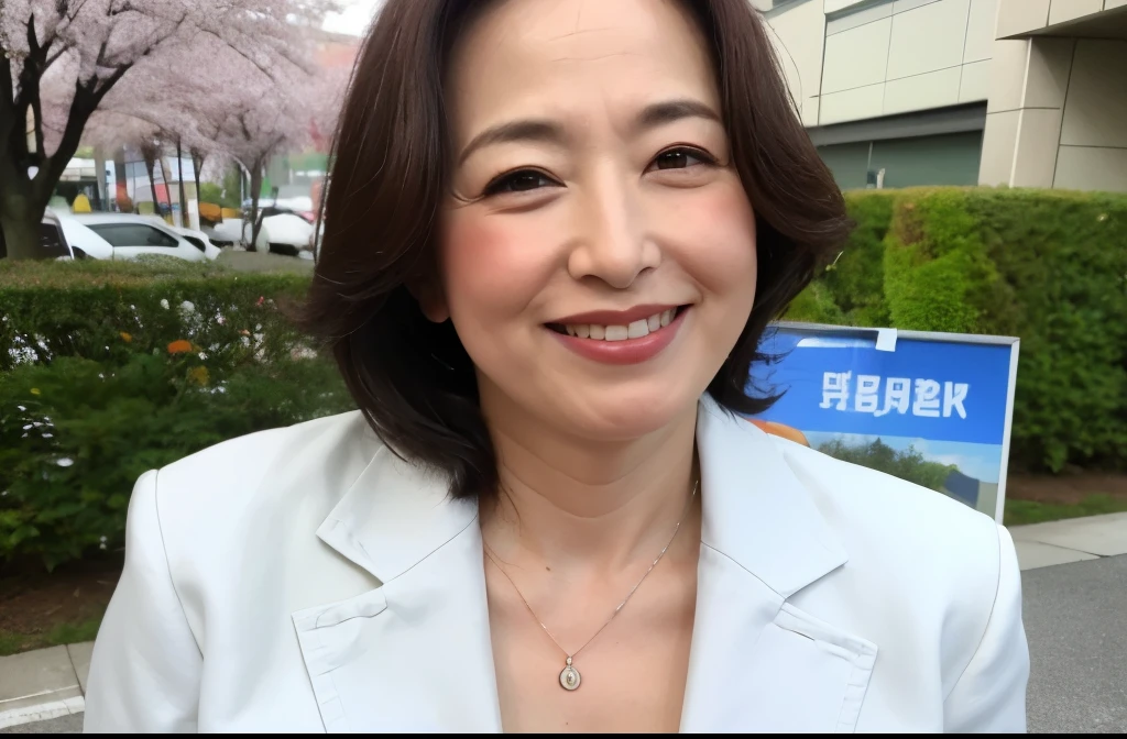 ((highest quality、8K、masterpiece:1.3))、Photoreal, High level image quality, High resolution, portrait, alone, Japanese, Chubby, My stomach is sticking out a little, double chin, middle-aged women, business suit, 60 years old, Angle that shows the upper body, wrinkles around the eyes, The background is cherry blossoms, Holding a shopping bag in hand, smile, Slightly gray hair, 160cm70kg