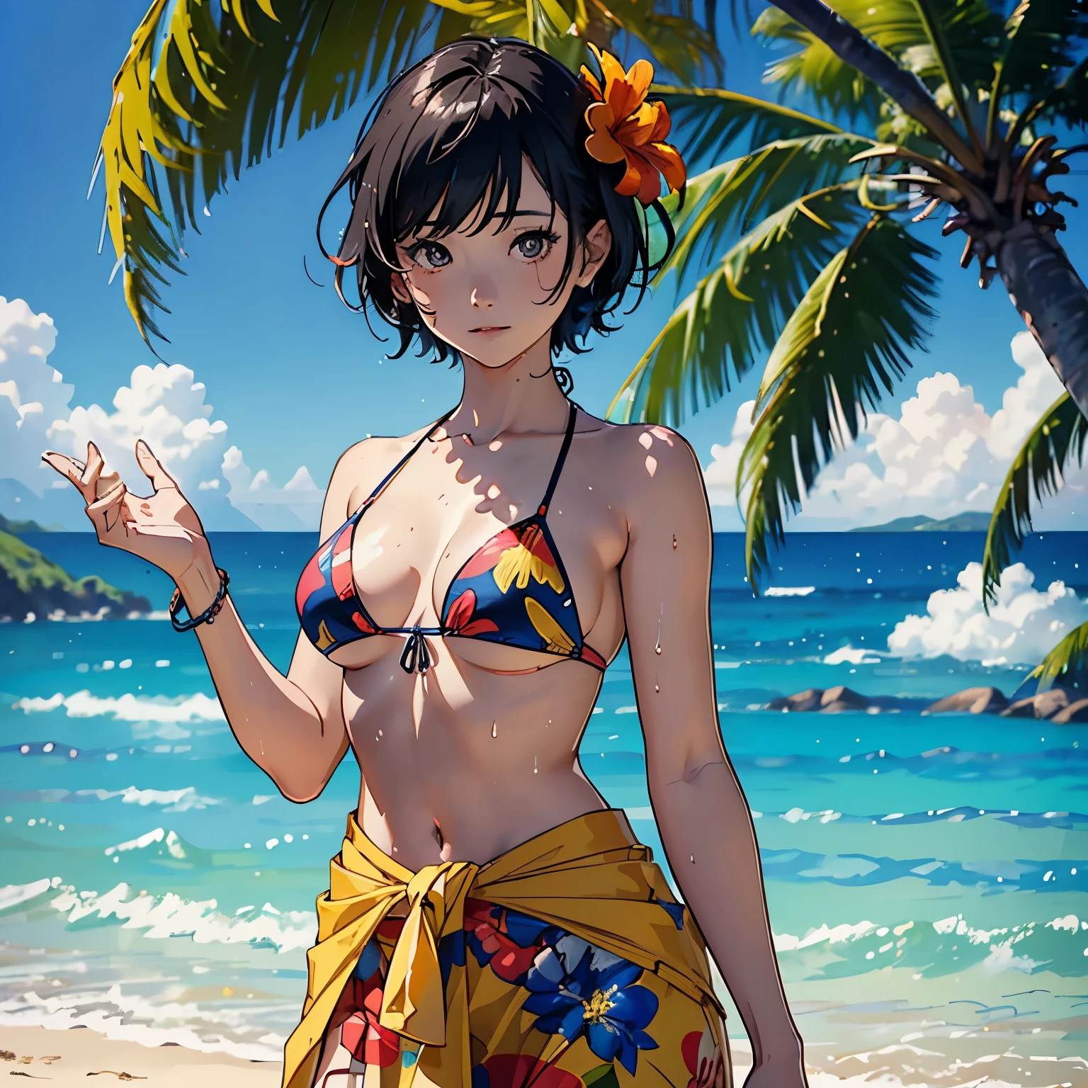 ((highest quality, masterpiece, High resolution))、((anime art))、beautiful japanese woman、((2 people))、(2 peopleの美しい女性)、(2 peopleはなかよし)、23 years old、cute face、medium short hair、 ((Detailed depiction of a beautiful face))、smile gently、young、bikini swimwear、 smaller breasts、slim body shape、photorealistic perfect body、(A pareo skirt with bold ethnic patterns and plenty of primary colors on the waist..)、realistic skin、Wet、whole body、cinematic light、tropical、Against the background of palm trees、on a sunny beach、With the sea in the background、blur background、