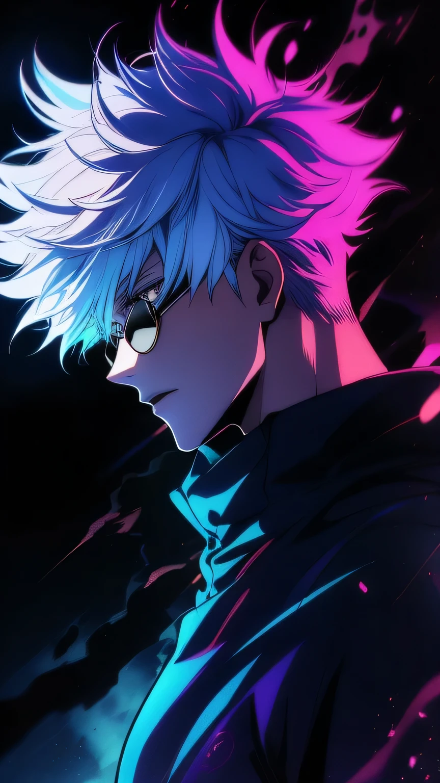 ((High detail、Cinematic lighting))、Messy white hair、Aquamarine eyes、White lashes、god rays、Ray tracing、drop shadow、optical illusion、Haut du corps、Looking at the camera、Masterpiece、((Super Detail、Best Quality、8K))、Jujutsu Kaisen、Gojo Gojo、Black attire、Surgical unfolding、Perfect jet black background、serene look、powerful being、Mystical atmosphere、(Strange moonlight、ominous shadows、 Intense blue aura、 Intense red aura、Symbol of the power that surrounds him、Radiating magical energy、Mystical artifacts、Ether particles、dinamic pose、Epic soundtrack、(((Detailed hand)))、sunglass