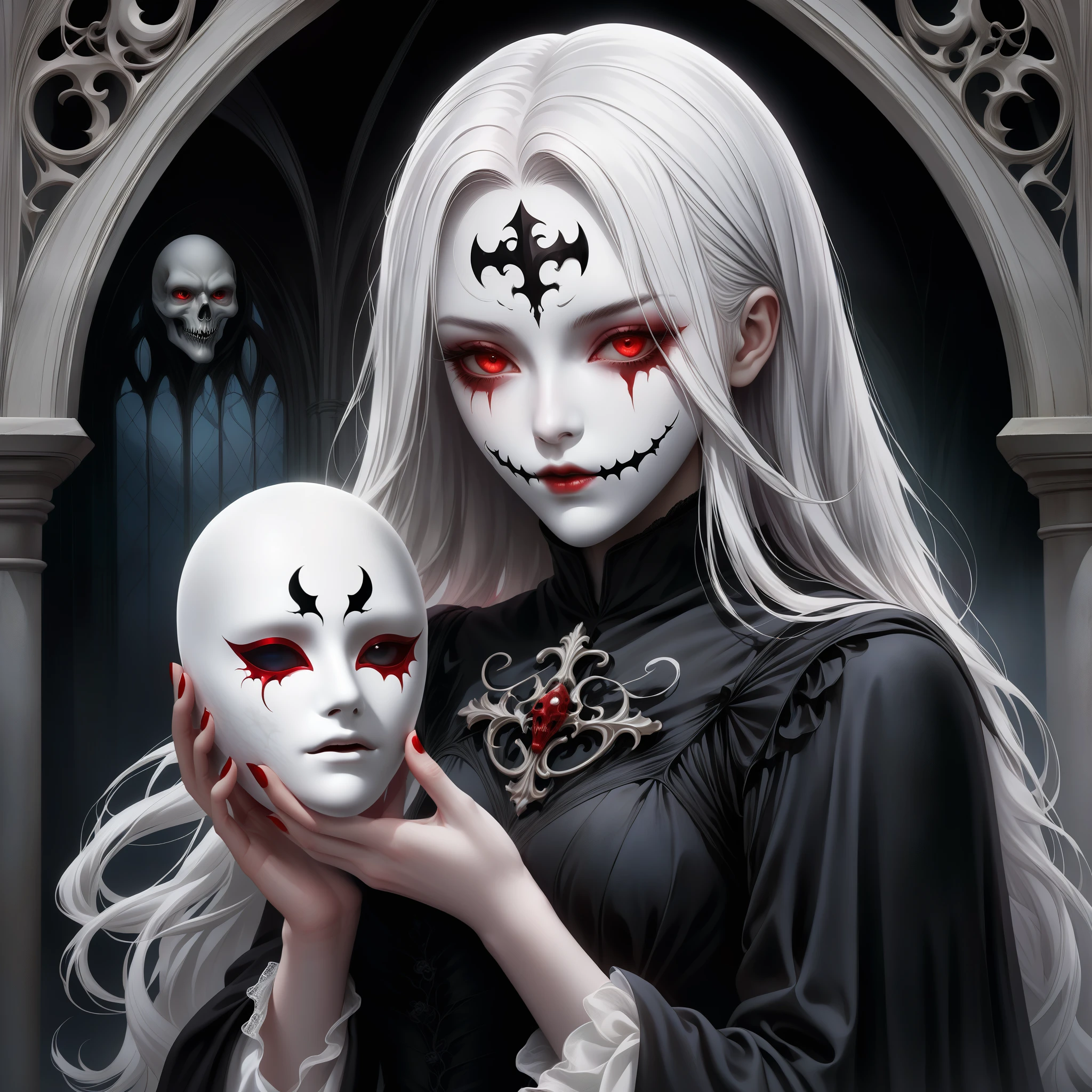 （Holding a mask in hand：1.5），（White-haired ghost wearing an eyepatch，straight hair，red eyes），（gothic art），（The devil is behind her），（fear：1.5），（Correct human anatomy：1.37）