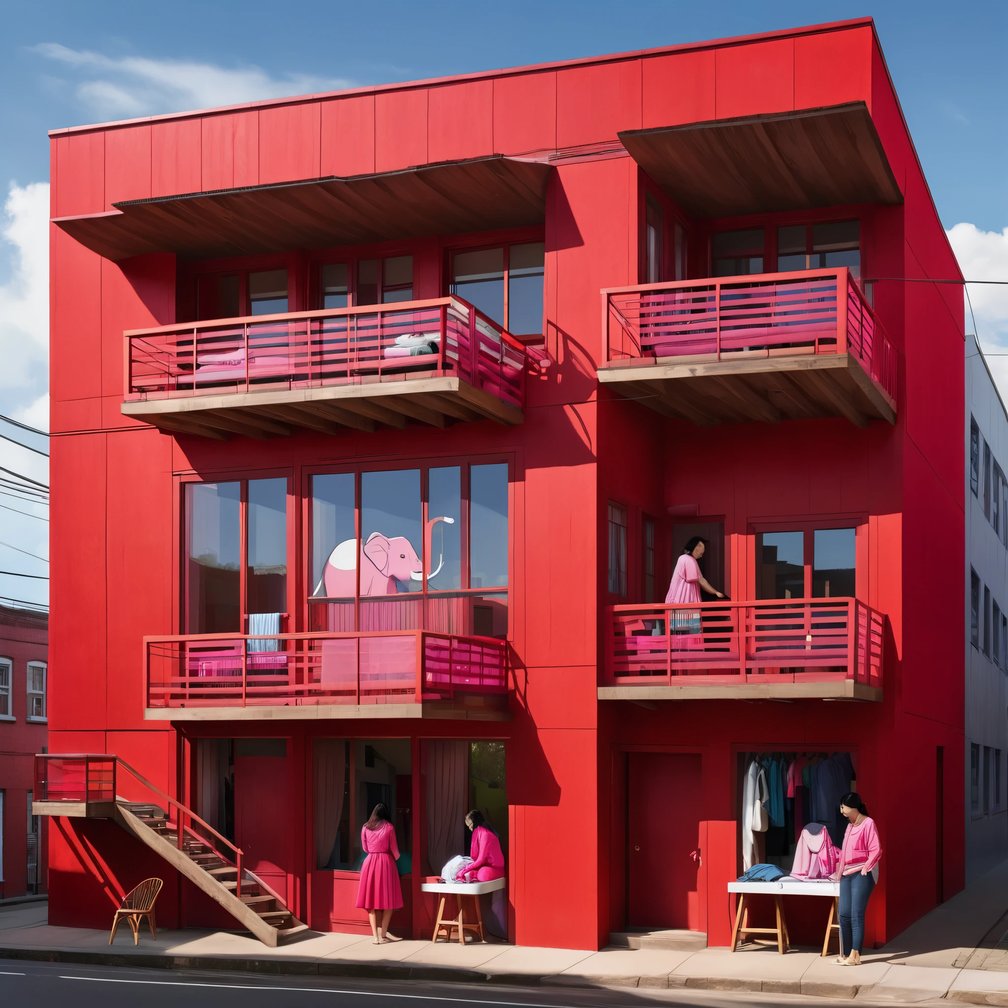 A vivid illustration of a multi-story building, showcasing its cross-sectional view. The first floor reveals a cozy room with a person in a red shirt engrossed in reading at a wooden desk. The second floor displays a room filled with washing machines and a person dressed in pink, immersed in washing clothes. The third floor features an unexpected inhabitant: an elephant in a room with a striking red wall. The building is surrounded by a bright, sunny sky, casting a warm glow throughout the structure.