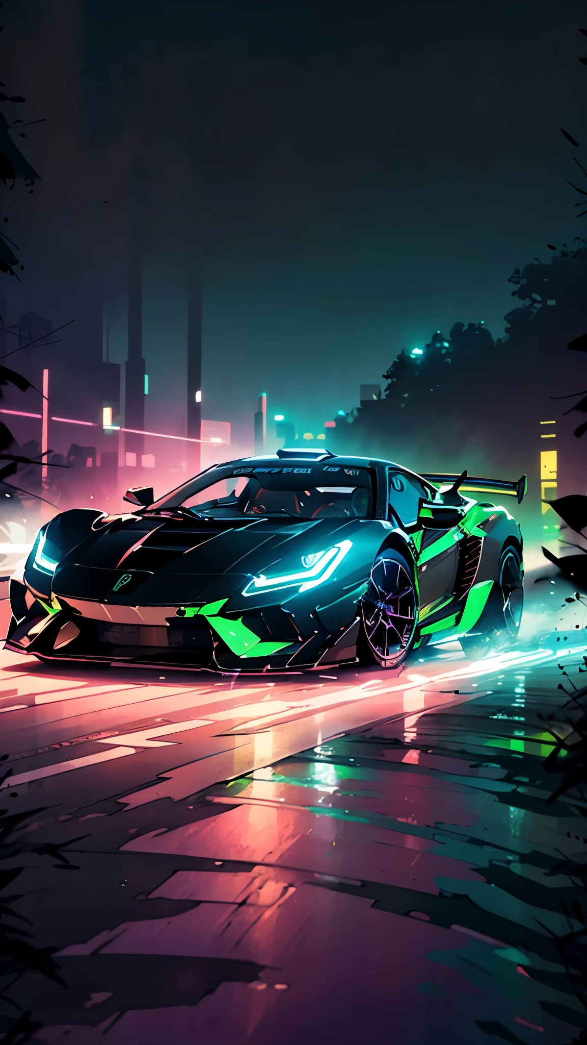 a neon green sports car driving on a road at night, cyberpunk art inspired by Mike Winkelmann, tumblr, synchromism, neon lit, bold lamborghini style, amazing wallpaper, hyper colorful, neon glowing, super car, glowing neon, night time dark with neon colors, sportcar, sport car, neon art style, neon night, nice colors