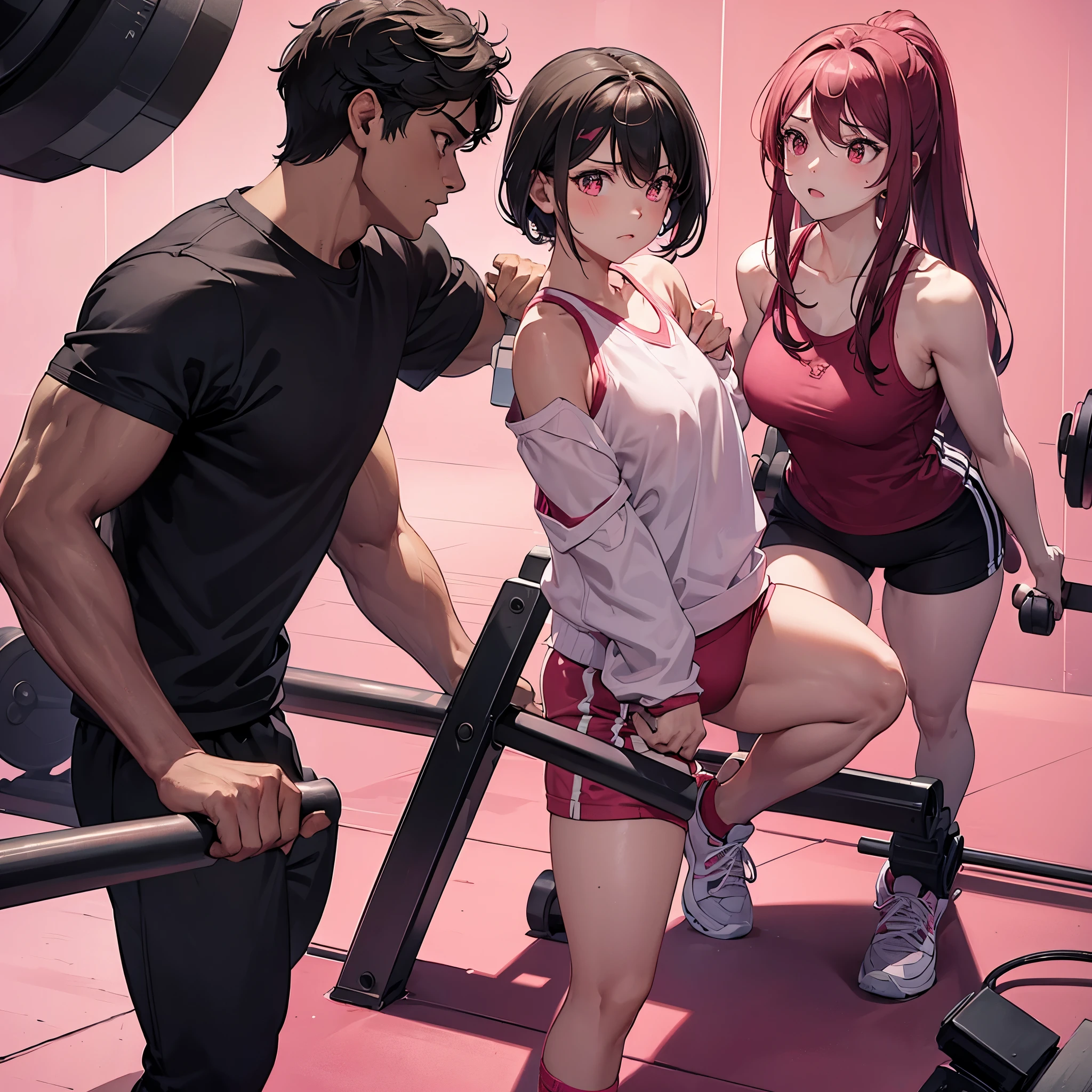 a man and a woman(eye red) in a gym working out in gym clothes in a fitness gym.
