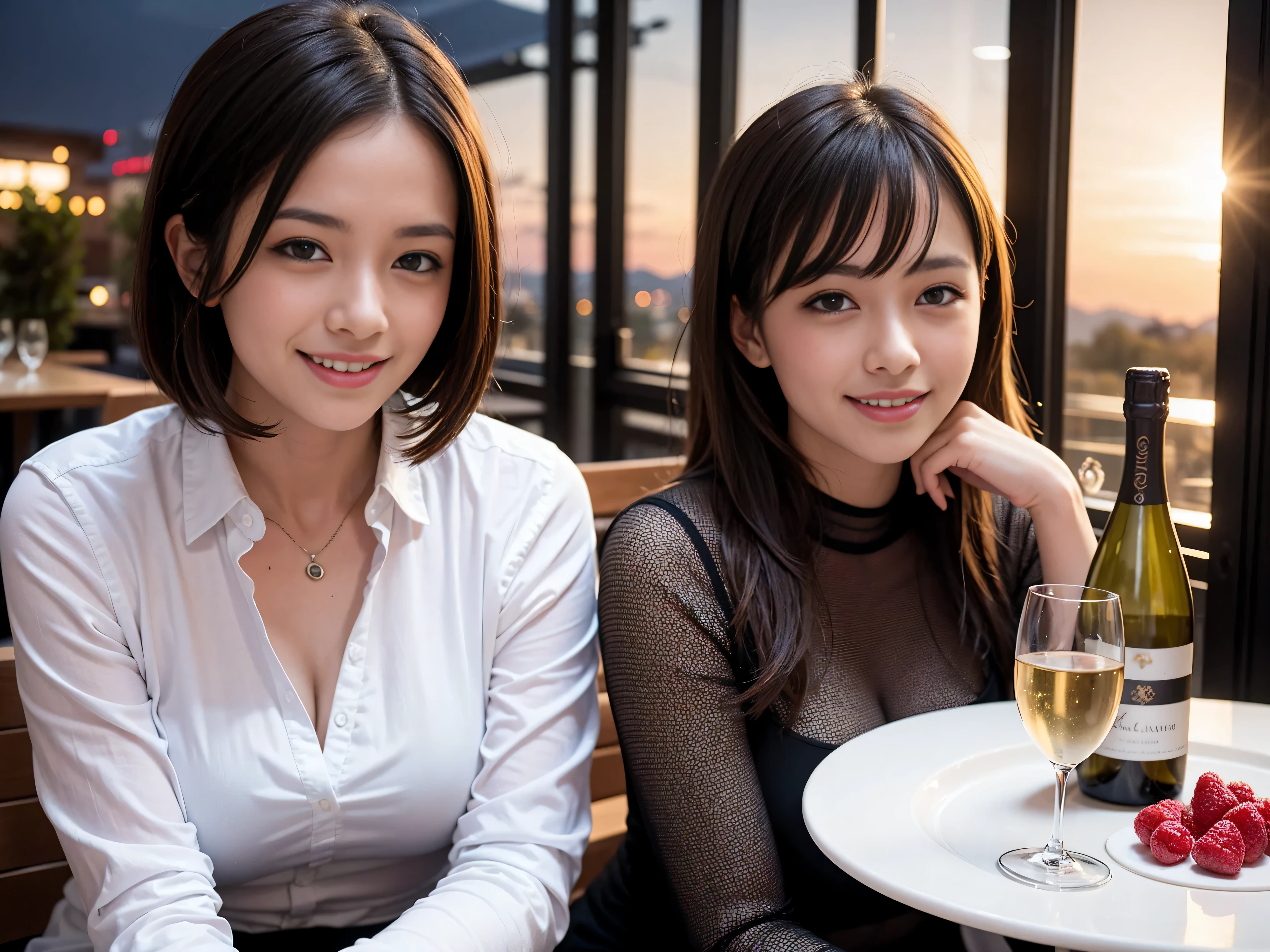 K, UHD, highest quality, masterpiece: 1.2), (realistic, photorealistic: 1.37), Spectacular view of the sunset sky and clouds、Amazing mountain views、A bright smile、3 slim beauties, (slim face),Happy、 the best smile、Fox face、Berry Short、(because I'thin), (brown hair), (shortcut), long sleeve shirt、winter fashion、Japanese、Dutch、German、Portuguese、Belgian、Italian、French,Champagne、sparkling wine、 (gush out), (slim body), (brown hair), (shortcut), neat beauty、cheeks turn a little red, (42 years old), 38 years old, alone, A beautiful and detailed night view spreads out outside the window...., restaurant, wine glass is sitting, At night, in a prominent place (from the Upper body) nova frog style, actress, model, Upper body, White wine, slim, wine glass, Very beautiful night view, wine glass Put in the Middle, Happy smile, (smile: 1.15),