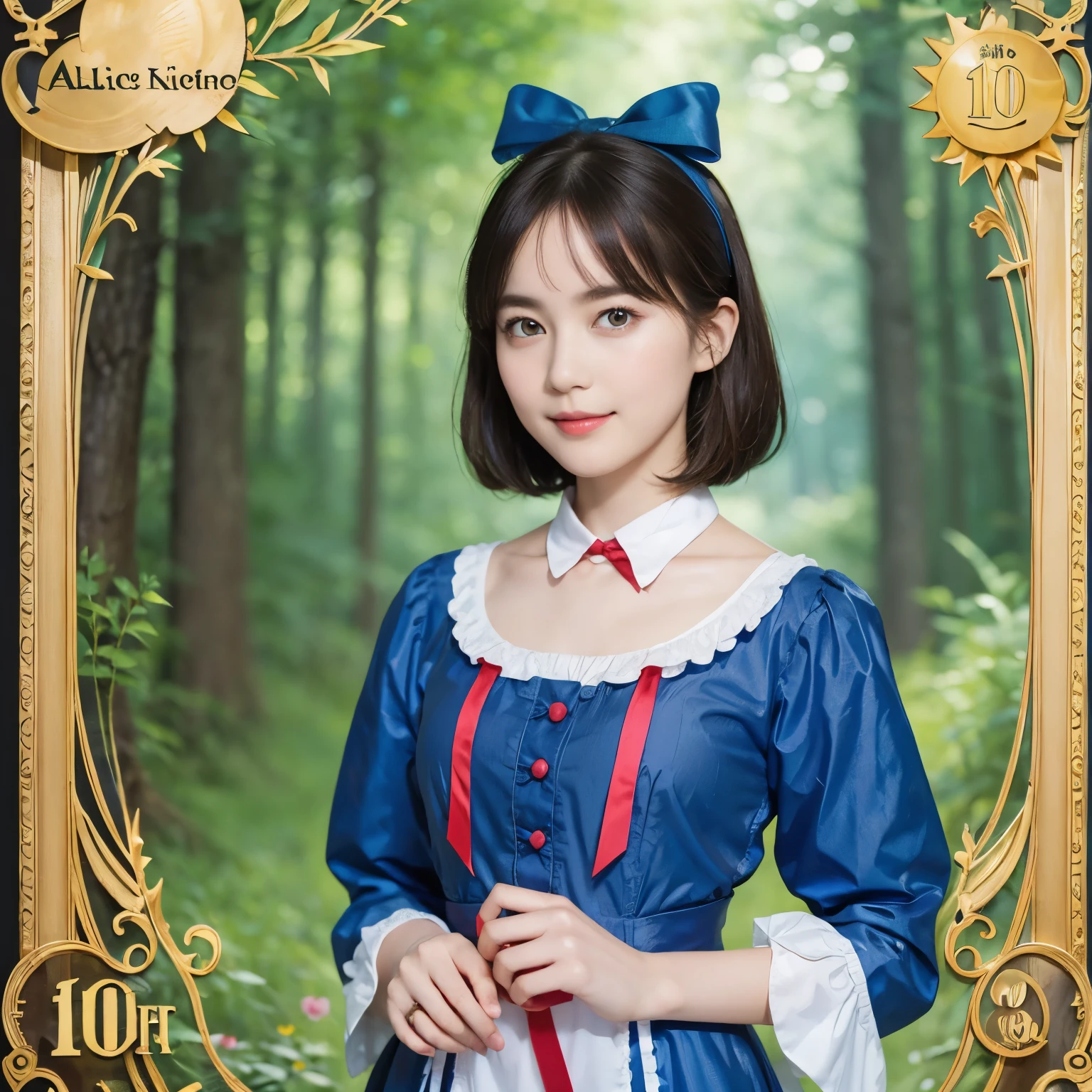 (alice in wonderland), 1-9-0, (She wears a large triangular ribbon on her head.), short hair, young woman, gentle smile, colorful clothes, in the deep forest, low key
