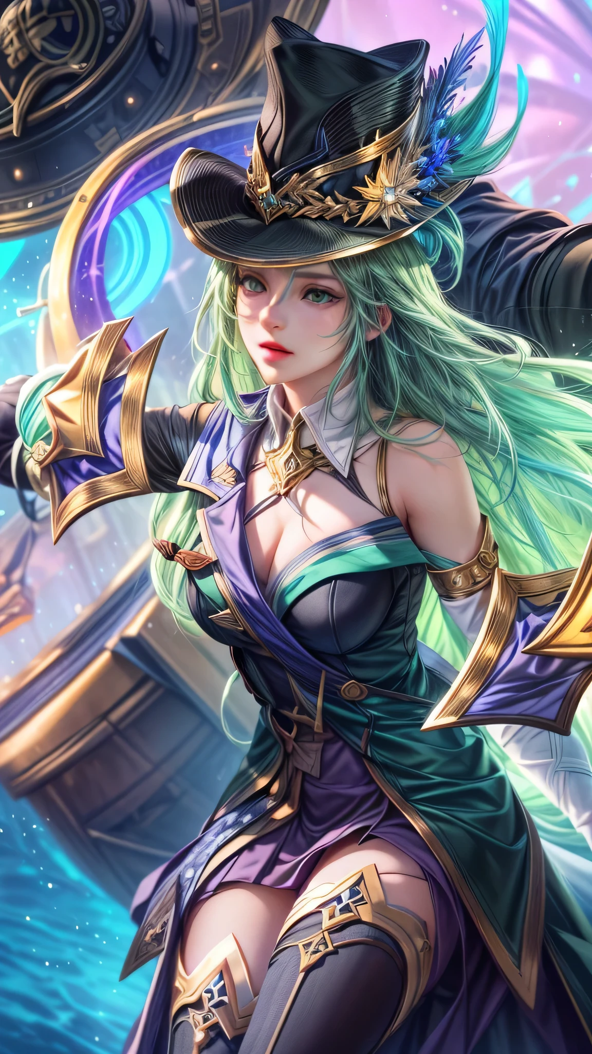 Best quality, masterpiece, ultra high res, (photorealistic:1.4), 1girl wearing a hat, green eyes, green hair, professional lightning, sharp focus, deep shadow, (extremely detailed CG unity 4k fhd wallpaper), 8k.