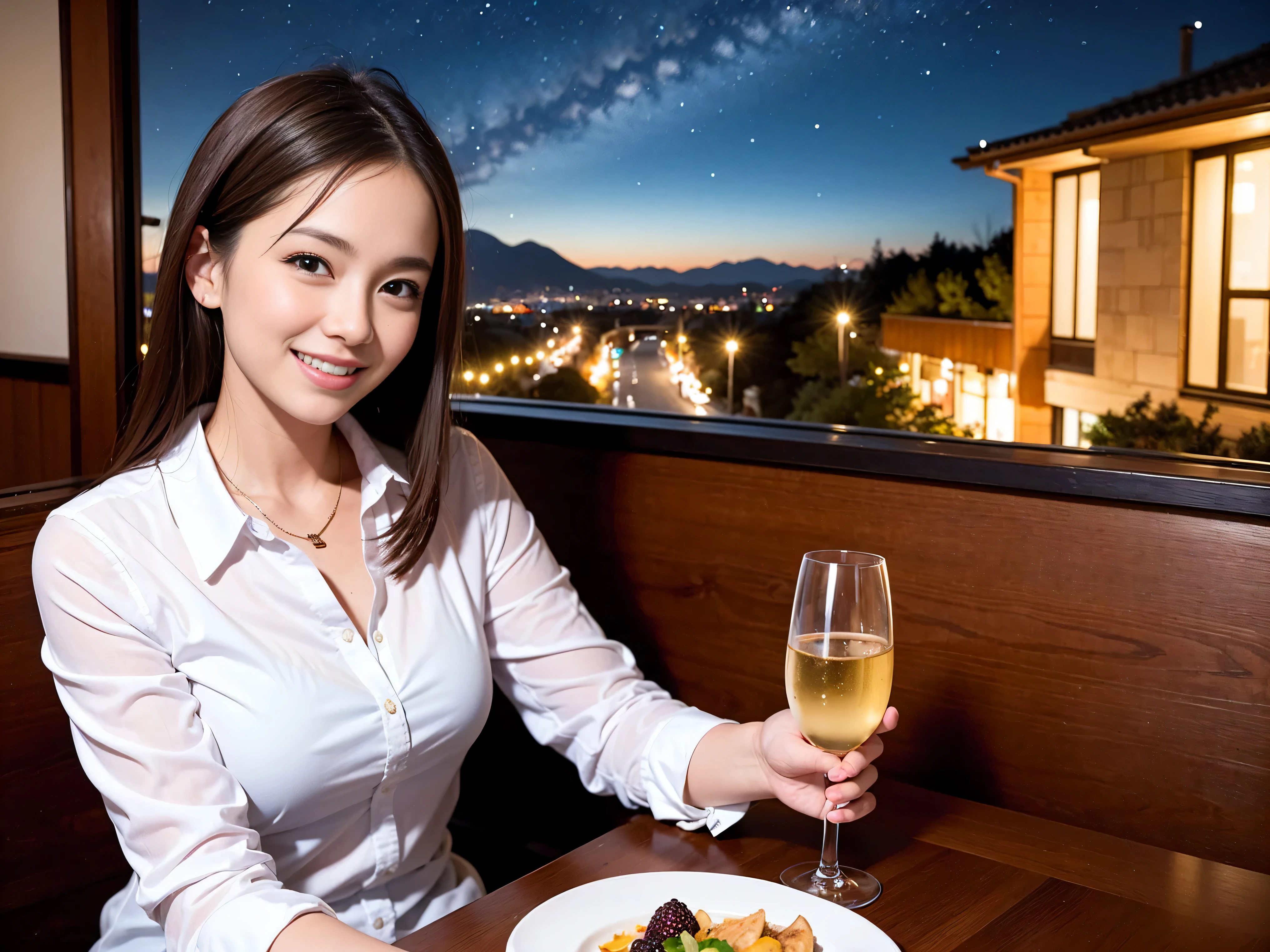K, UHD, highest quality, masterpiece: 1.2), (realistic, photorealistic: 1.37), Spectacular view of the sunset sky and clouds、Amazing mountain views、A bright smile、3 slim beauties, (slim face),Happy、 the best smile、Fox face、Berry Short、(because I'thin), (brown hair), (shortcut), long sleeve shirt、winter fashion、Japanese、Dutch、German、Portuguese、Belgian、Italian、French,Champagne、sparkling wine、 (gush out), (slim body), (brown hair), (shortcut), neat beauty、cheeks turn a little red, (42 years old), 38 years old, alone, A beautiful and detailed night view spreads out outside the window...., restaurant, wine glass is sitting, At night, in a prominent place (from the Upper body) nova frog style, actress, model, Upper body, White wine, slim, wine glass, Very beautiful night view, wine glass Put in the Middle, Happy smile, (smile: 1.15),