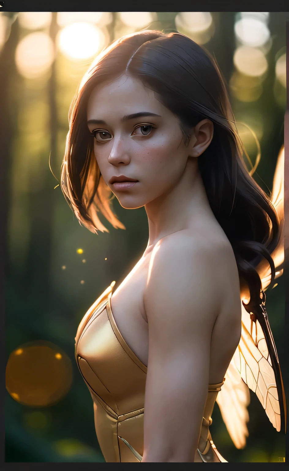 (masterpiece), (very complicated:1.3), (realistic), girl portrait, the most beautiful in the world, (bee-like wings), light reflection, Upper body, outdoor, intense sunlight, Distant Forest, Stunning female professional photo details, sharp focus, dramatic, Award history, cinematic lighting, Octane Rendering Unreal Engine, volumetrics dtx, (film grain, blurred background, blurred foreground, Bokeh, Depth of the bounds written, sunset, motion blur:1.3), thin costume