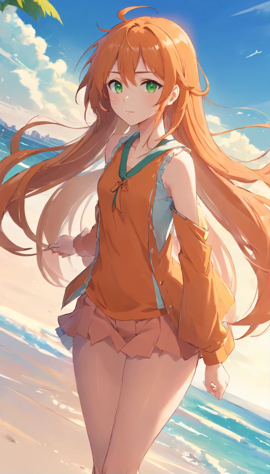 Anime girl with long orange hair, standing on the beach near the ocean, green eyes detailed digital anime art, anime girl with long hair, гладкое аниме cg art, anime girl with long hair, digital anime art, work in Guweiz style, Beautiful anime portrait, Photorealistic render of an anime girl, pantyhose, Beautiful anime girl, advanced digital anime art, guweiz на artstation pixiv HD UHD HQ