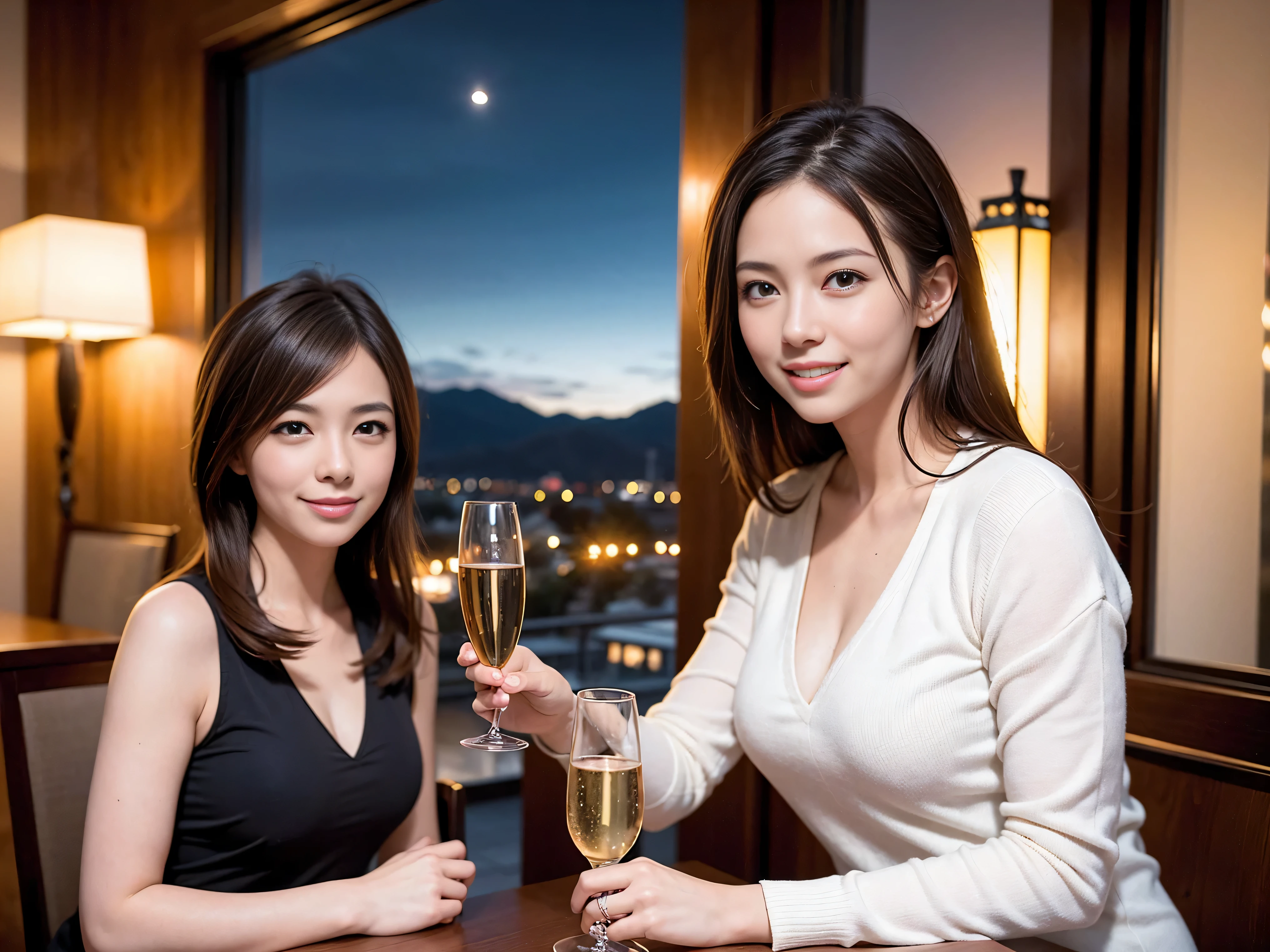 K, UHD, highest quality, masterpiece: 1.2), (realistic, photorealistic: 1.37), Spectacular view of the sunset sky and clouds、Amazing mountain views、A bright smile、3 slim beauties, (slim face),Happy、 the best smile、Fox face、Berry Short、(because I'thin), (brown hair), (shortcut), long sleeve shirt、winter fashion、Japanese、Dutch、German、Portuguese、Belgian、Italian、French,Champagne、sparkling wine、 (gush out), (slim body), (brown hair), (shortcut), neat beauty、cheeks turn a little red, (42 years old), 38 years old, alone, A beautiful and detailed night view spreads out outside the window...., restaurant, wine glass is sitting, At night, in a prominent place (from the Upper body) nova frog style, actress, model, Upper body, White wine, slim, wine glass, Very beautiful night view, wine glass Put in the Middle, Happy smile, (smile: 1.15),