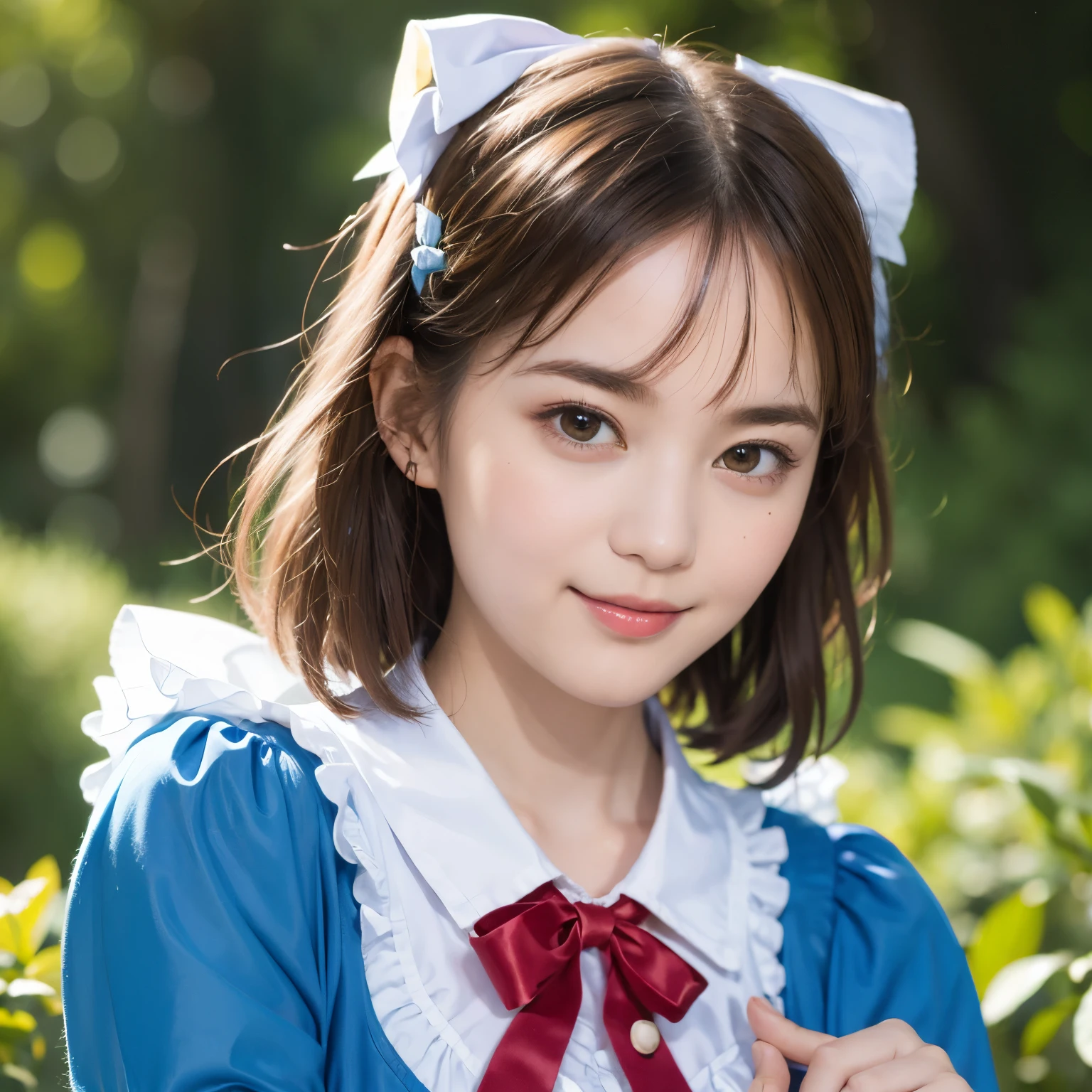 (alice in wonderland), 1-9-0, (She wears a large triangular ribbon on her head.), short hair, young woman, gentle smile, colorful clothes, in the deep forest, low key