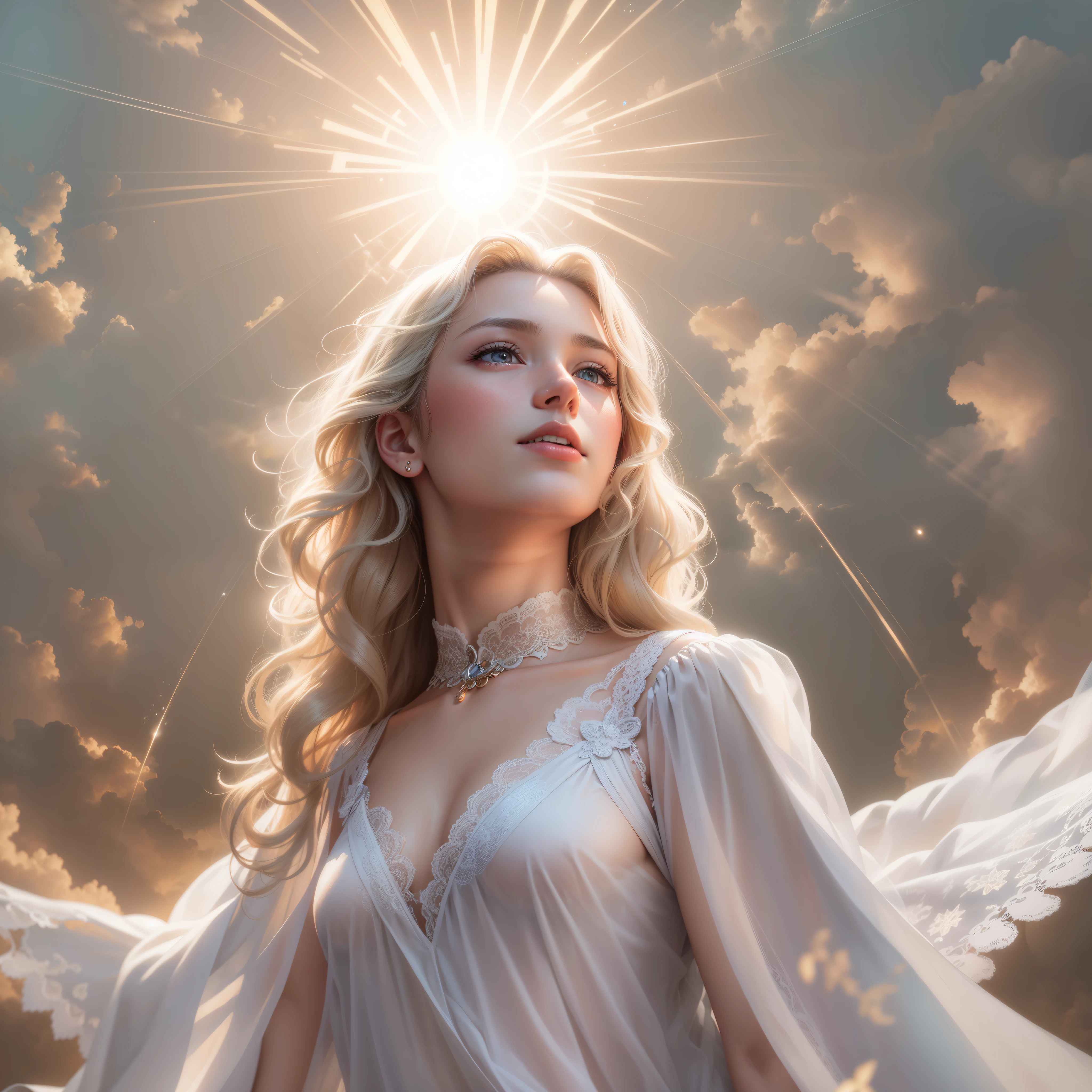 masterpiece, highest quality, 8K, real person, realistic, Very detailed CG, shiny skin, Fully focused, heaven, glory of god, shine, Angel, bless, happiness,