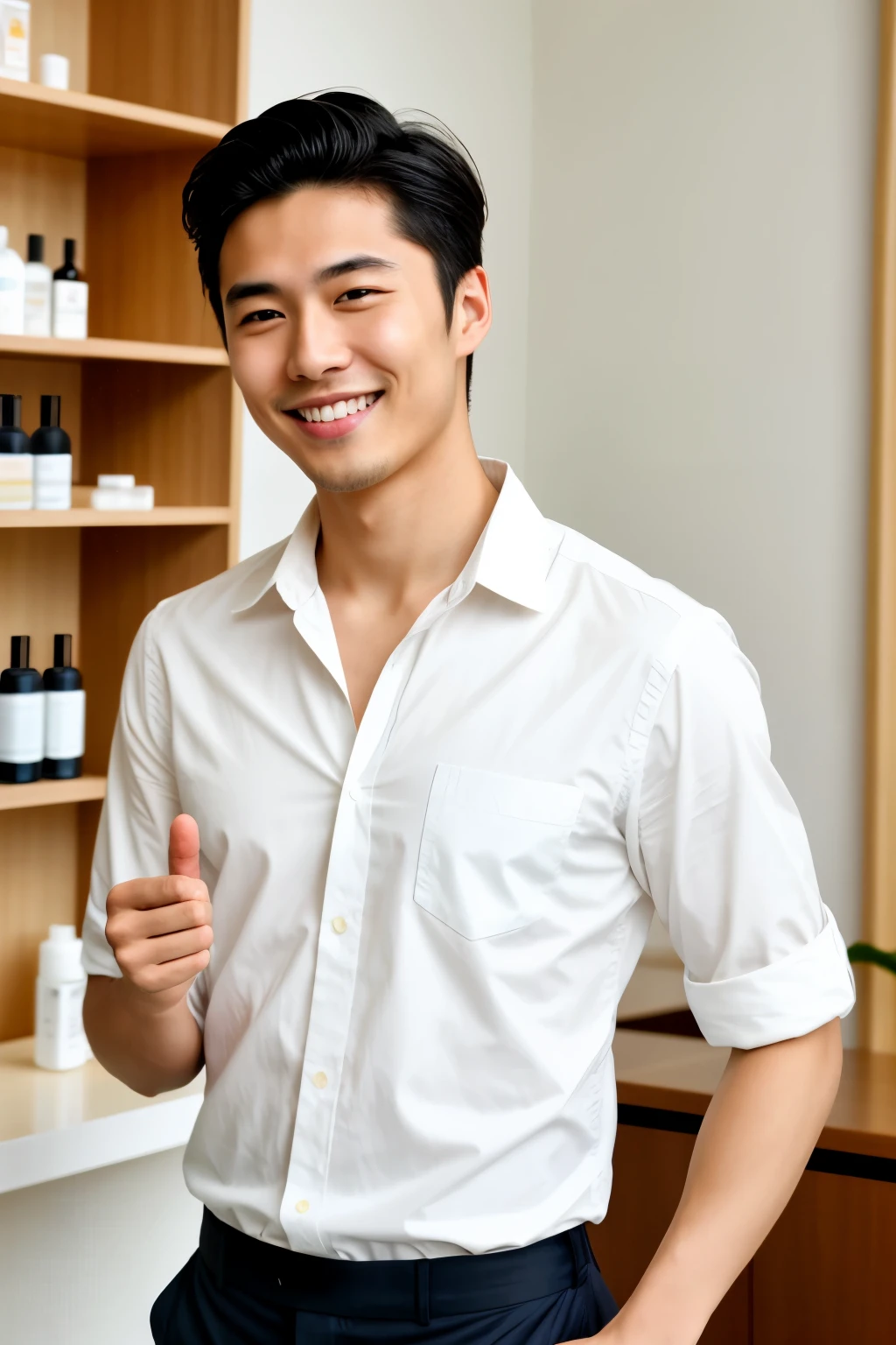 good looking modern japanese young man smiling , SKIN CARE BRAND MODEL, POINTING AT SKIN CARE PRODUCTS