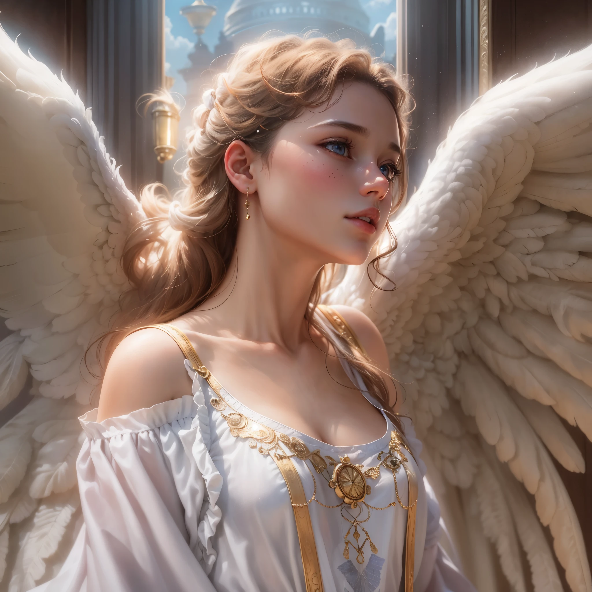 masterpiece, highest quality, 8K, real person, realistic, Very detailed CG, shiny skin, Fully focused, heaven, glory of god, shine, Angel, bless, happiness,