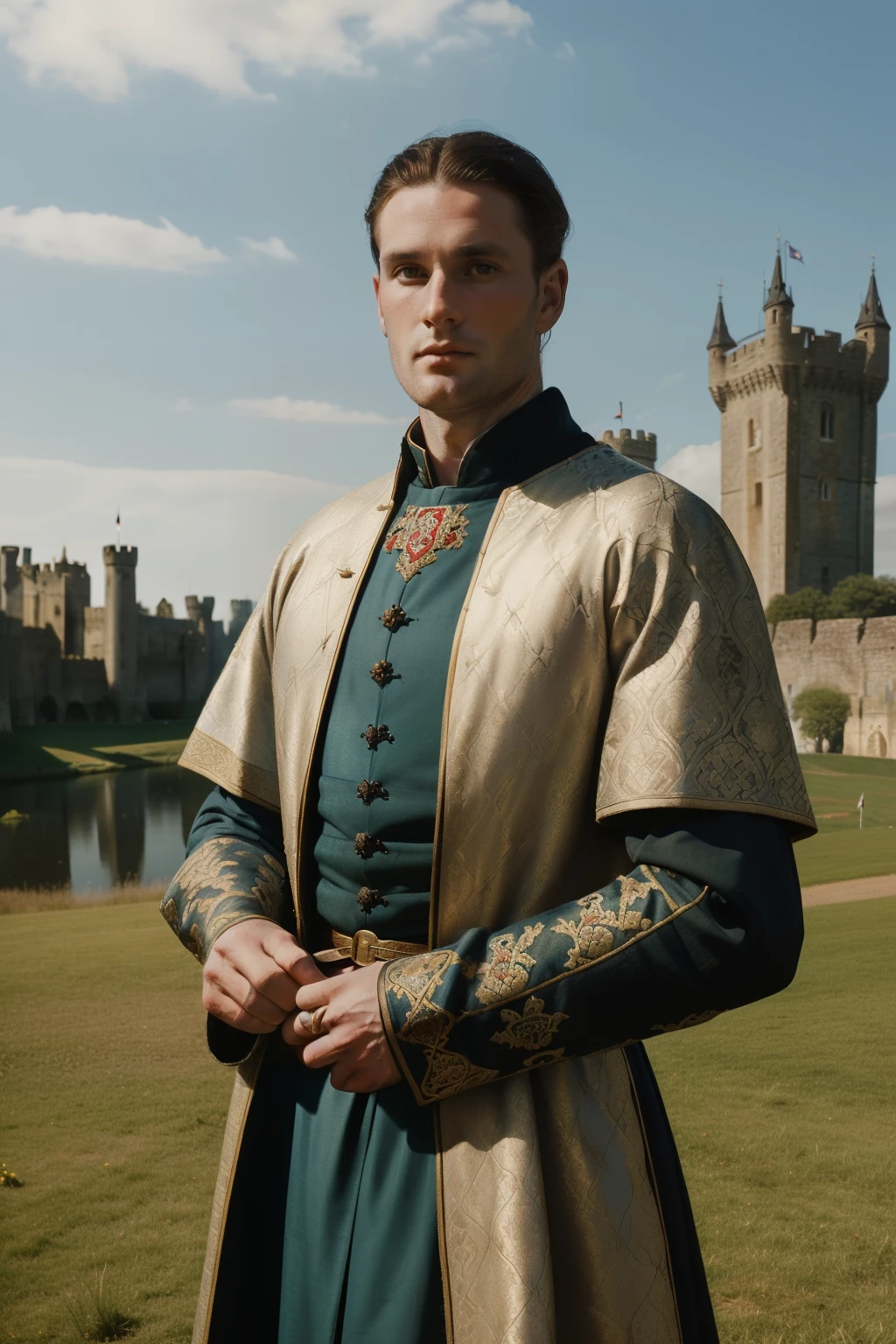 England, 1349. A young ((((32-year-old)) Ralph Fitzgerald)), intense eyes, ambitious, tall, athletic, in front of a castle, ((satisfied and proud expression)). ((((clothings from the 1340s, brocade)))), ((dark hairstyle of the 1340s))