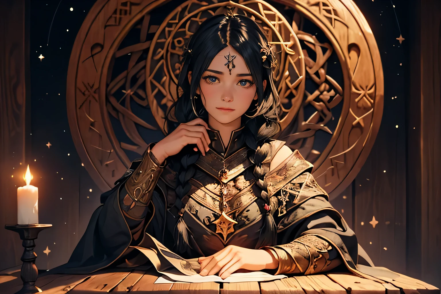 A serene black-haired girl with intricate braids sits at a wooden table, gazing at a glowing star rune, intricate engravings visible on the rune. The scene exudes a medieval fantasy vibe, with a mystical aura surrounding the girl and the rune.