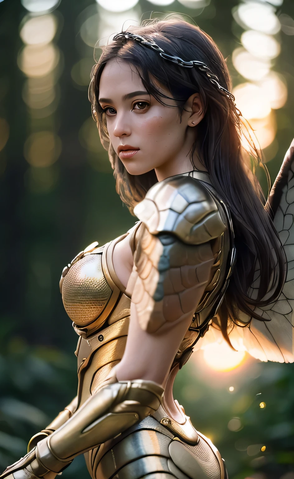 (masterpiece), (very complicated:1.3), (realistic), girl portrait, the most beautiful in the world, (bee-like wings), metal reflection, Upper body, outdoor, intense sunlight, Distant Forest, Stunning female professional photo details, sharp focus, dramatic, Award history, cinematic lighting, Octane Rendering Unreal Engine,  volumetrics dtx, (film grain, blurred background, blurred foreground, Bokeh, Depth of the bounds written, sunset, motion blur:1.3), chain mail