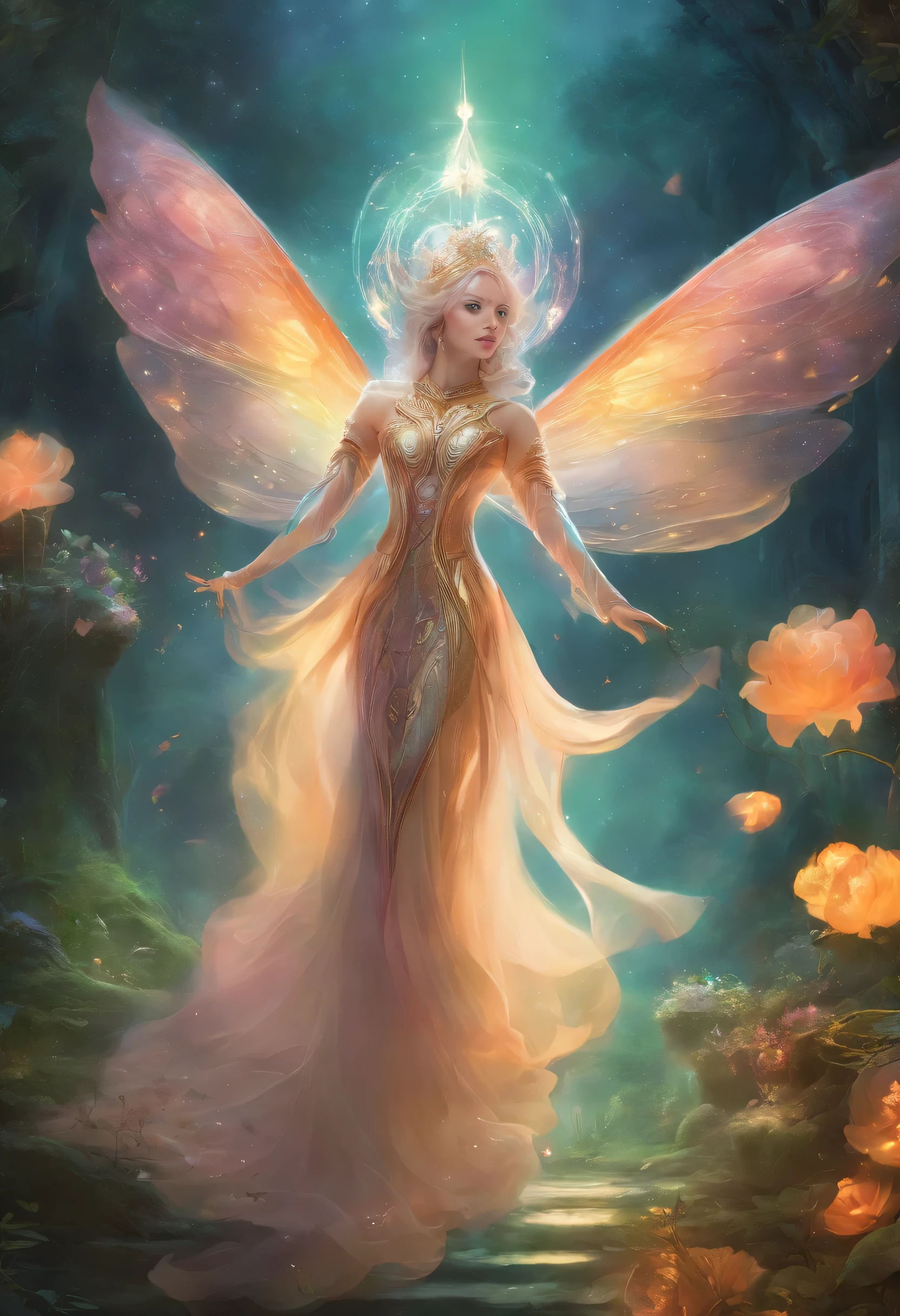 translucent ethereal alien creature,Smiling,Fly in mid-air,garden,universe,dream,中景 the scene is,full body portrait, highly detailed surreal vfx,oc rendering,Shot with a 70mm lens - AR 16:9 --q 2 --s 1000