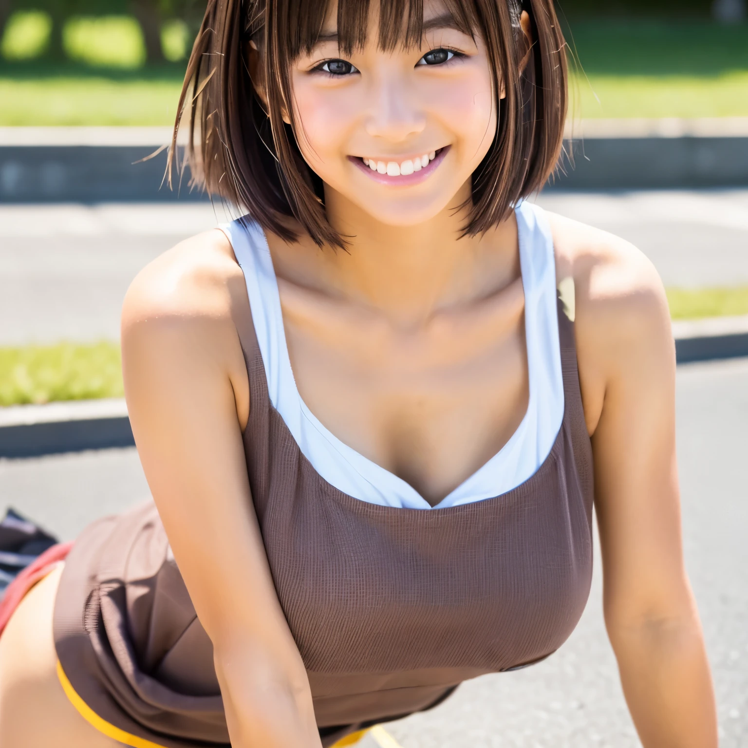 High resolution,4K,short hair，Horikita Maki、female primary school student、tanned skin、smile、show off your chest、Tank top、crawl on all fours、sweat