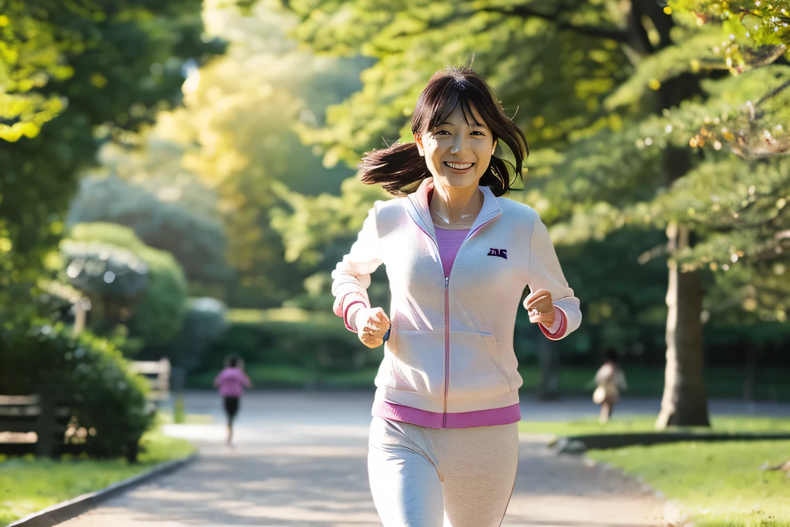 (45 year old Japanese woman:1.5)、(running in the park in the morning:1.5)、refreshing smile